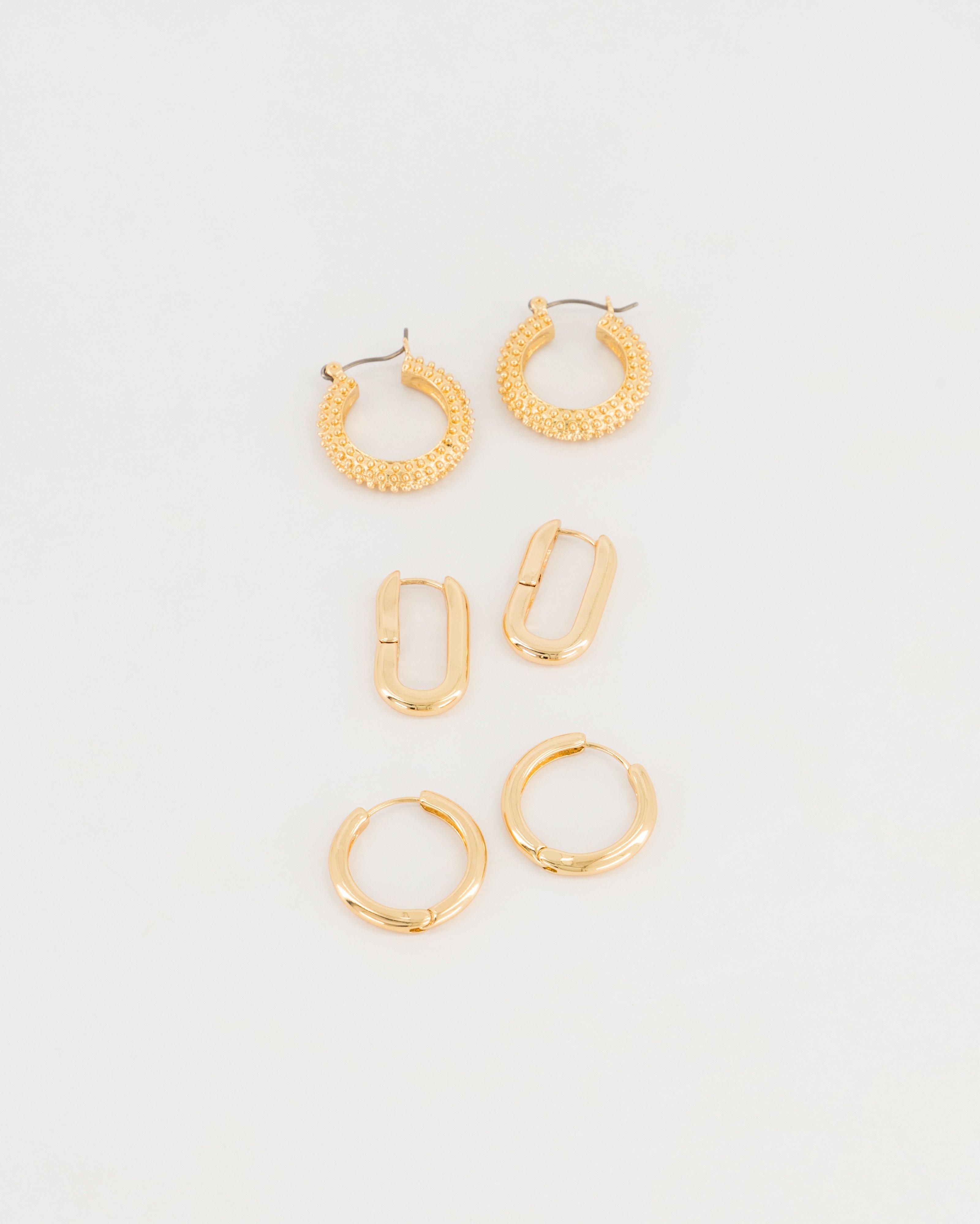 Textured & Plain Hoop Earring Pack -  Gold