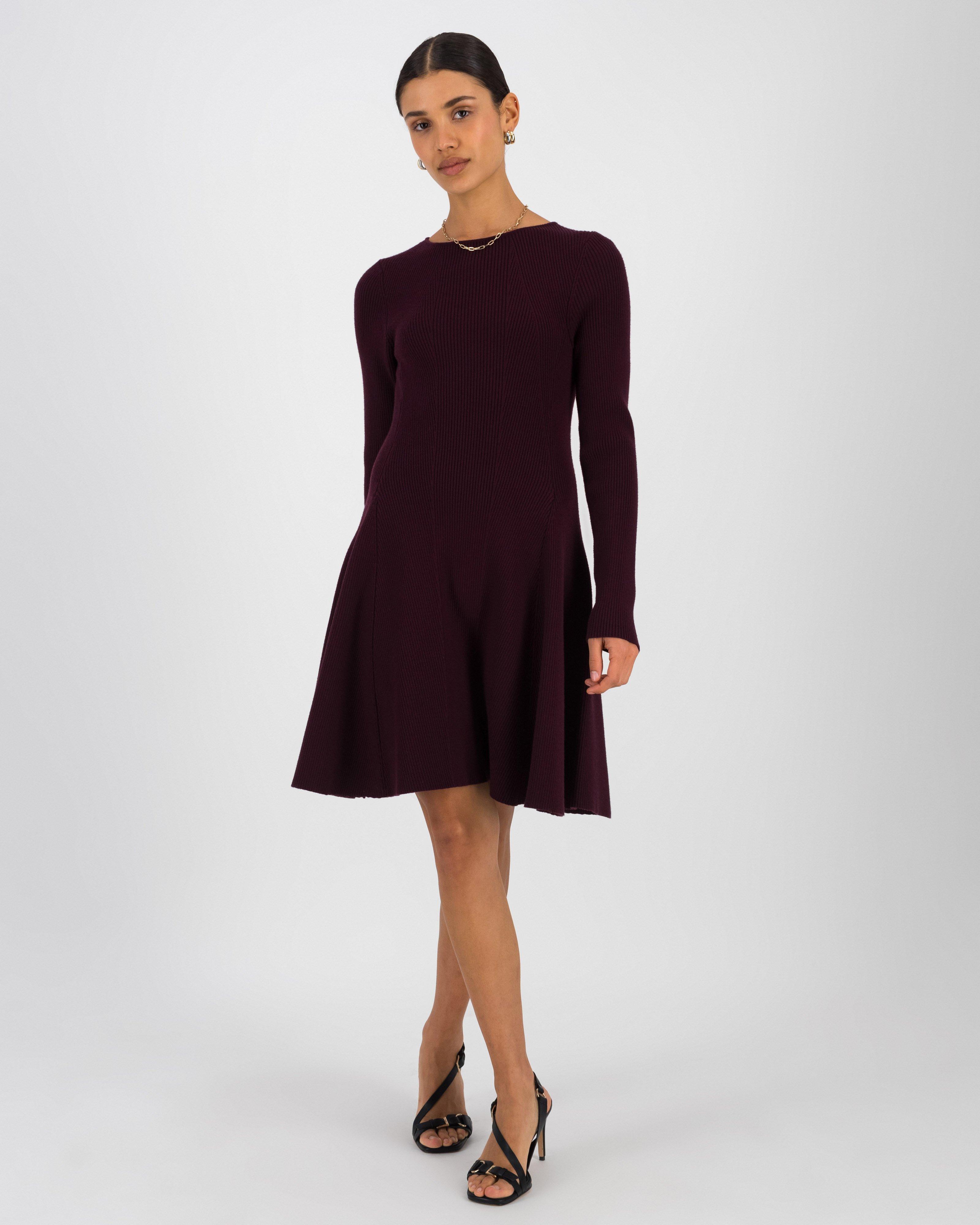 Cassandra Rib Knitwear Mini Dress -  Burgundy