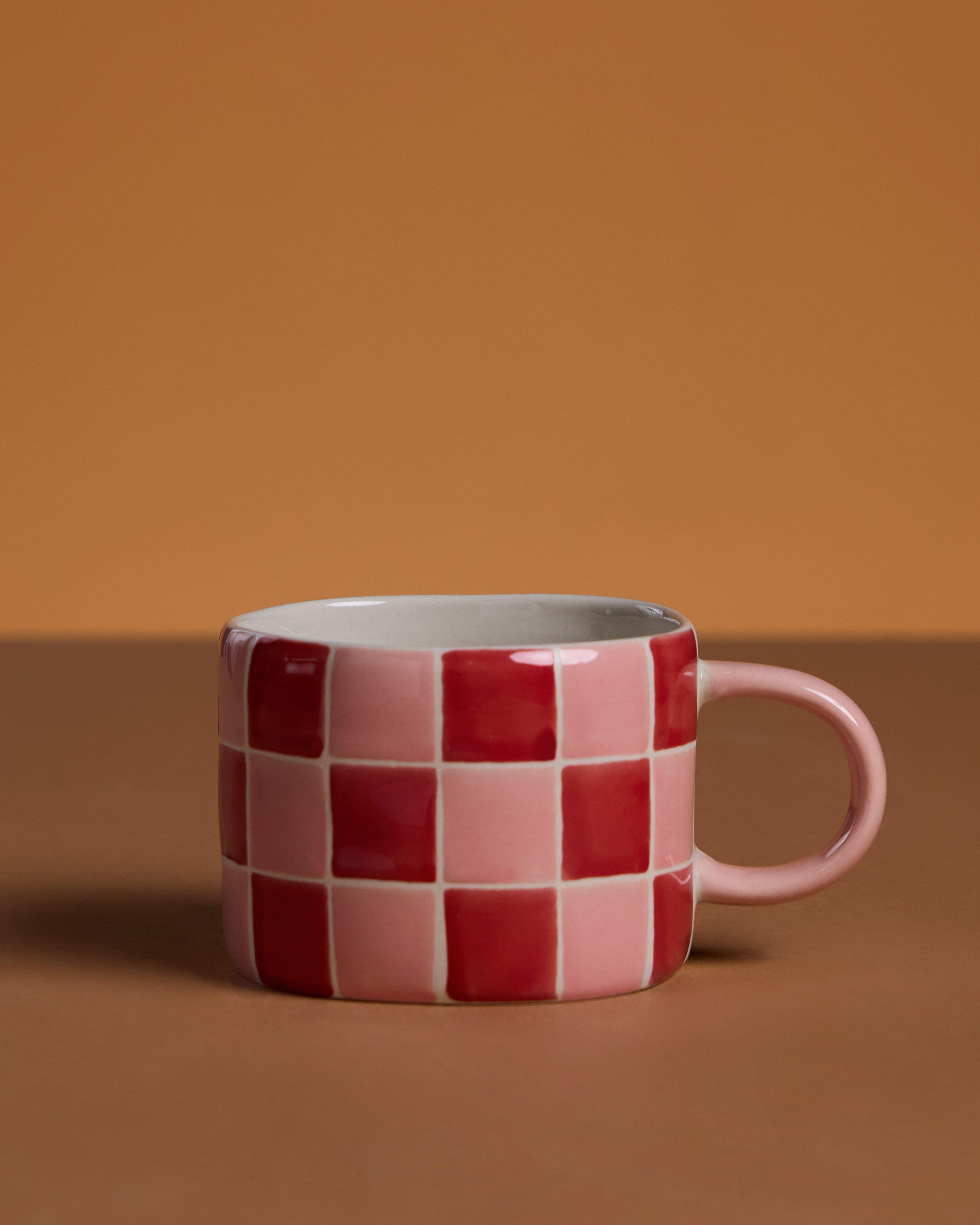 Hand-Painted Check Block Mug -  Pink
