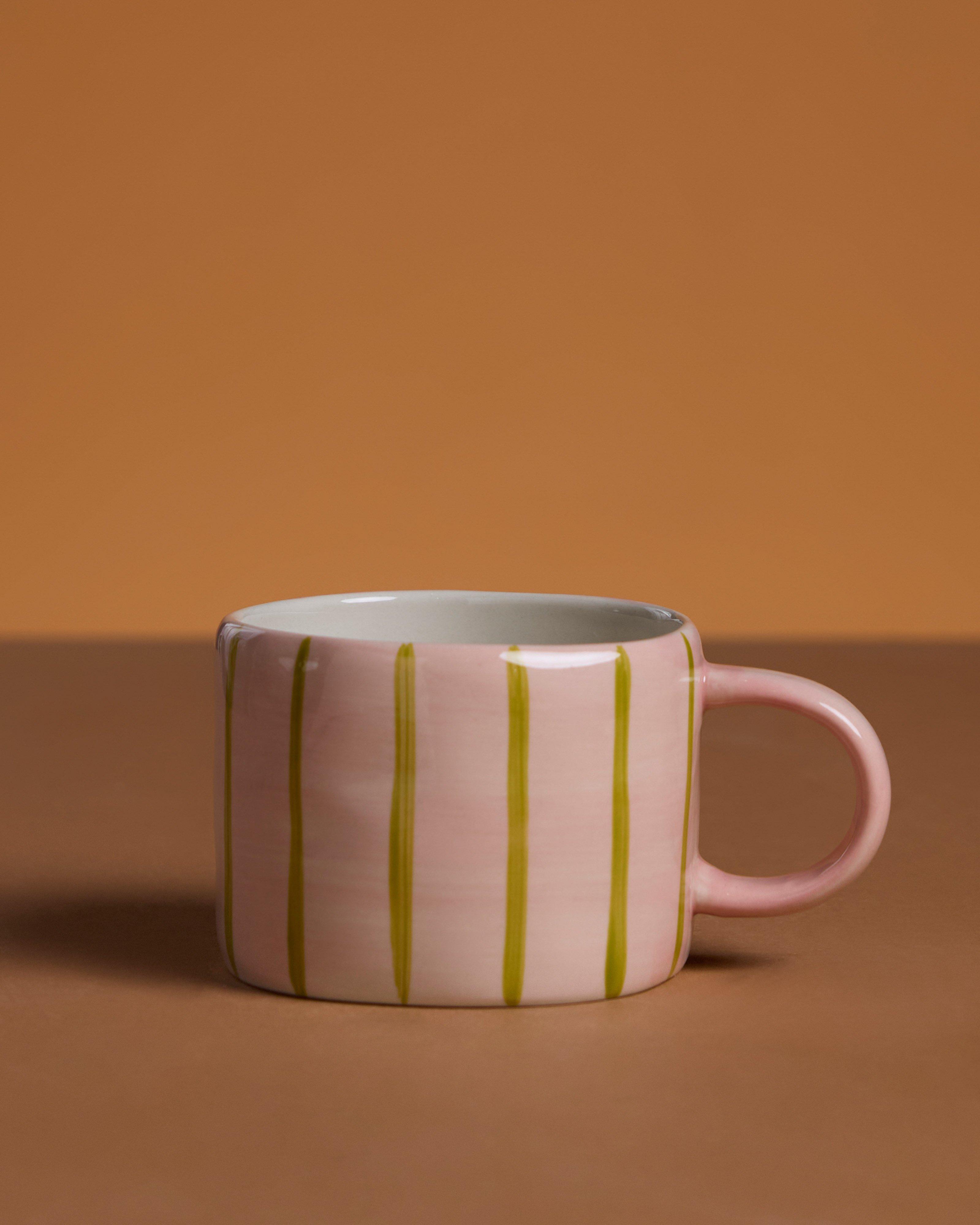Hand-Painted Green Lines Mug -  Pink