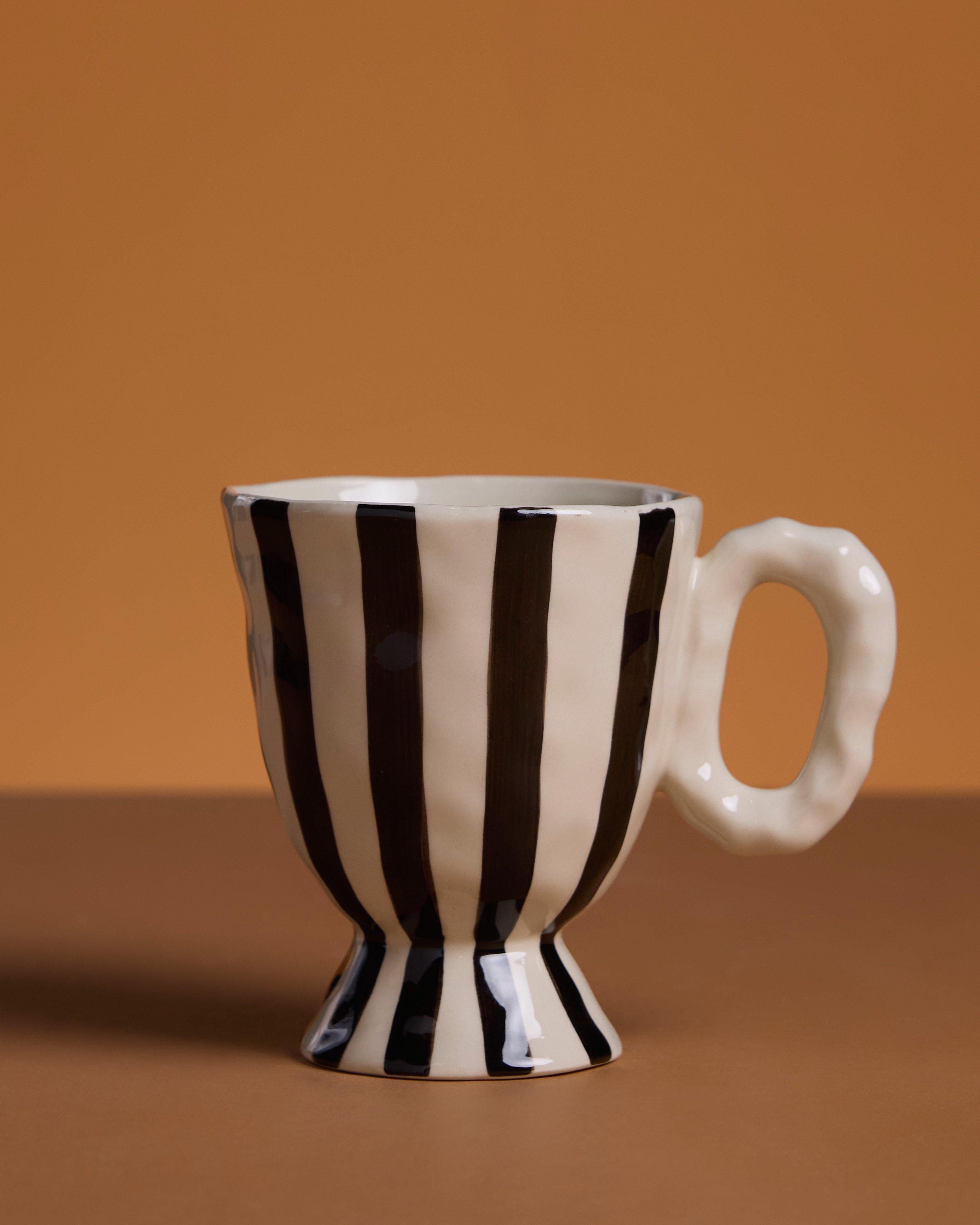 Hand-Painted Monochrome Stripe Tea Cup -  Black