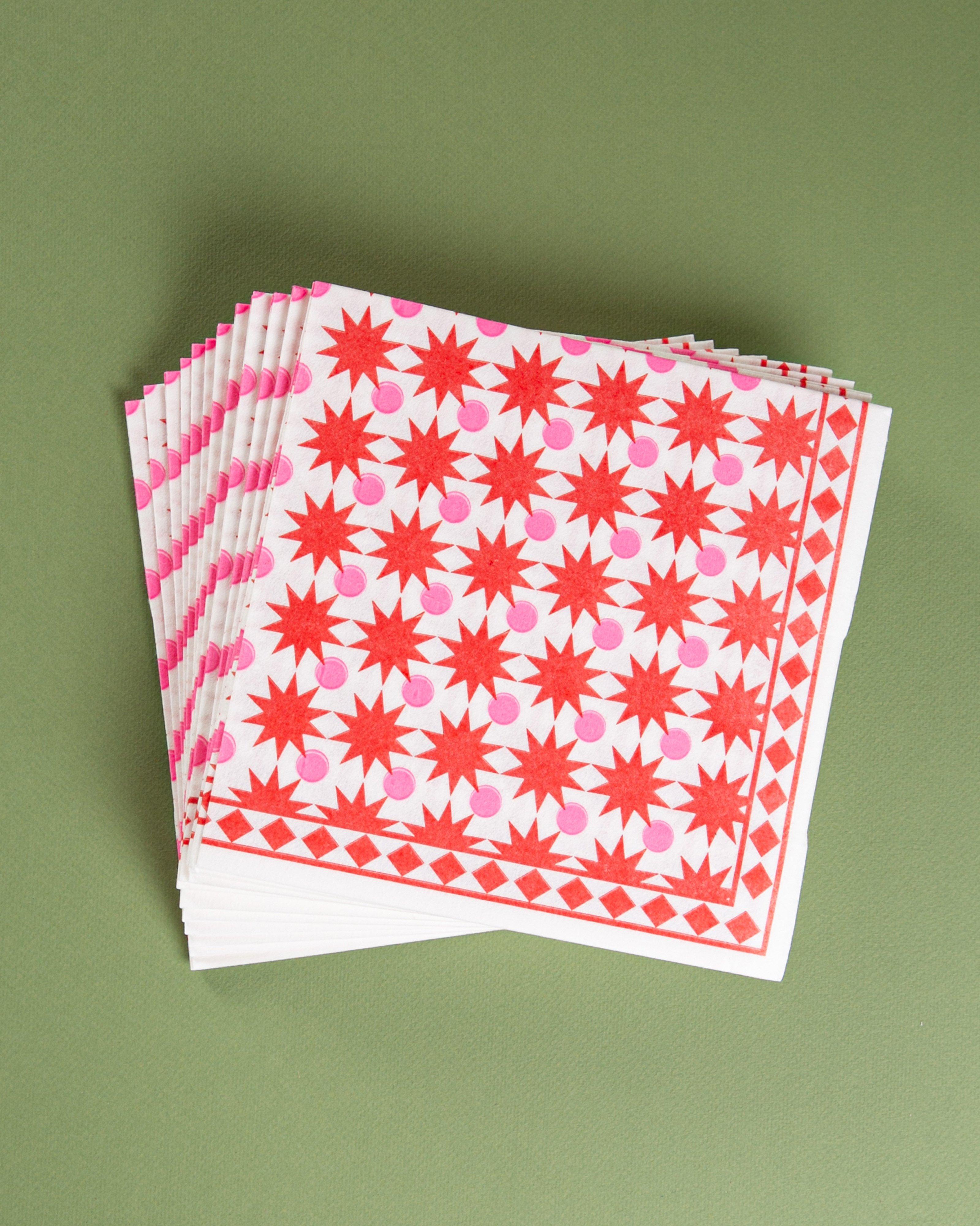 Red Star Pink Circle Napkin Pack -  Red
