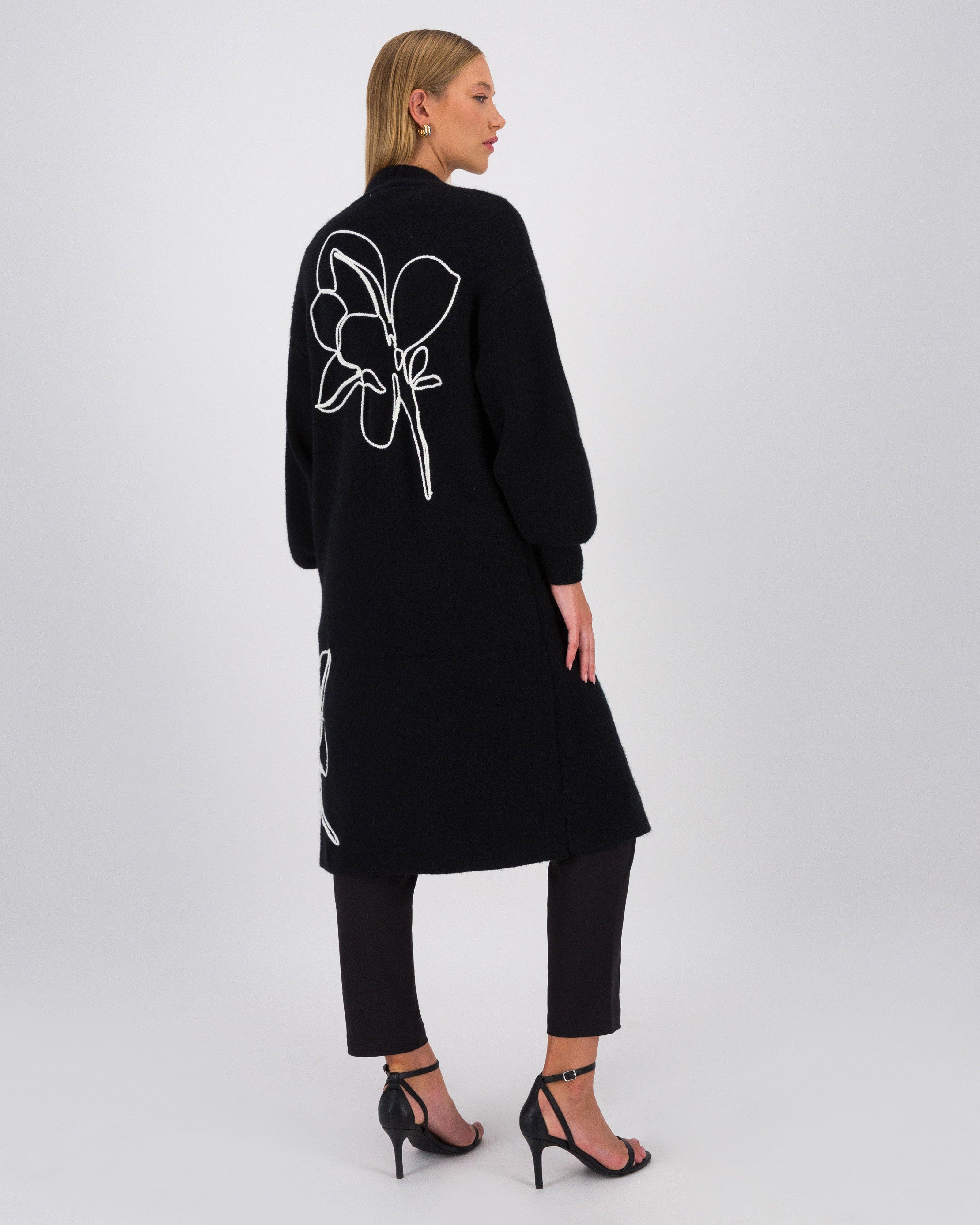 Ayla Floral Embroidered Long Kimono -  Black