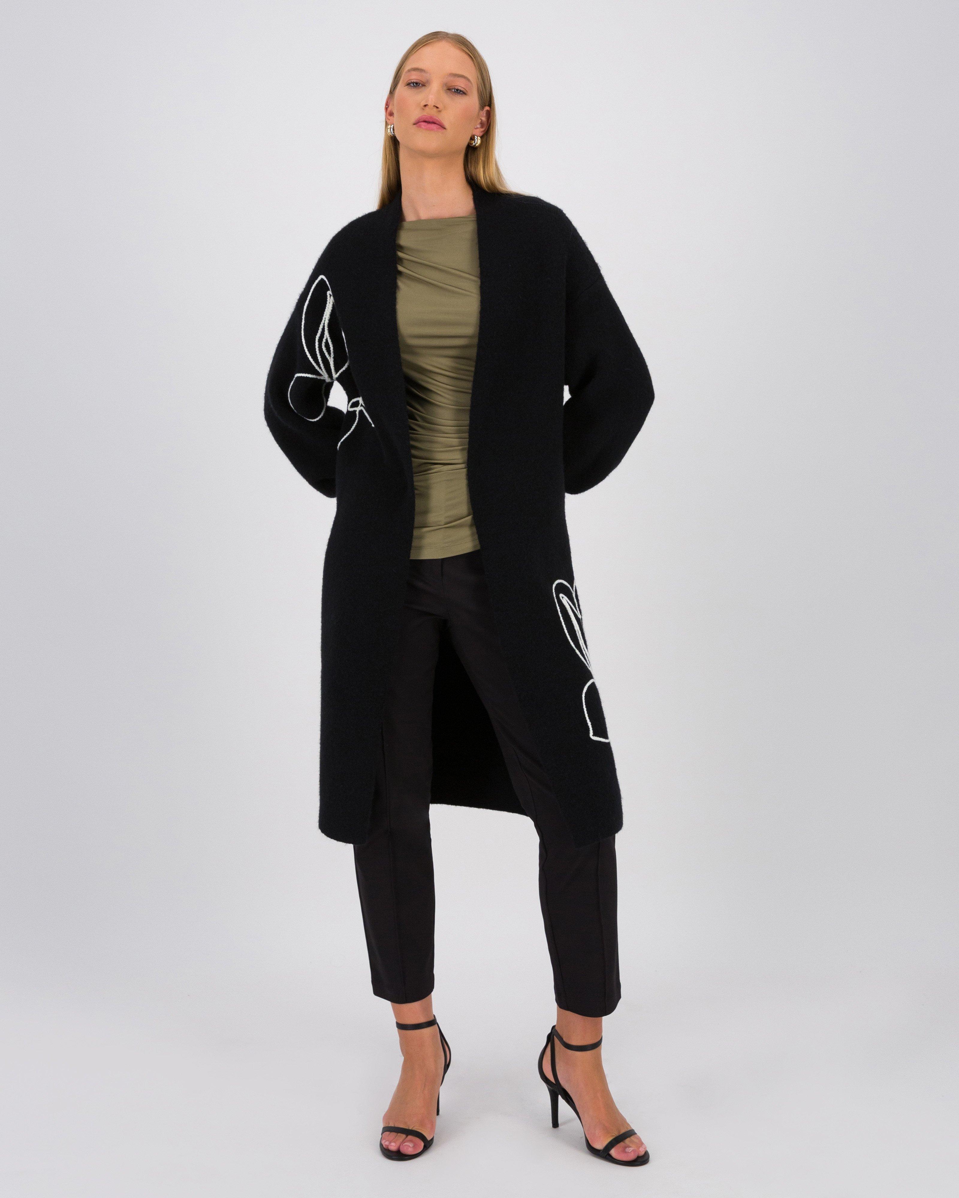 Ayla Floral Embroidered Long Kimono -  Black