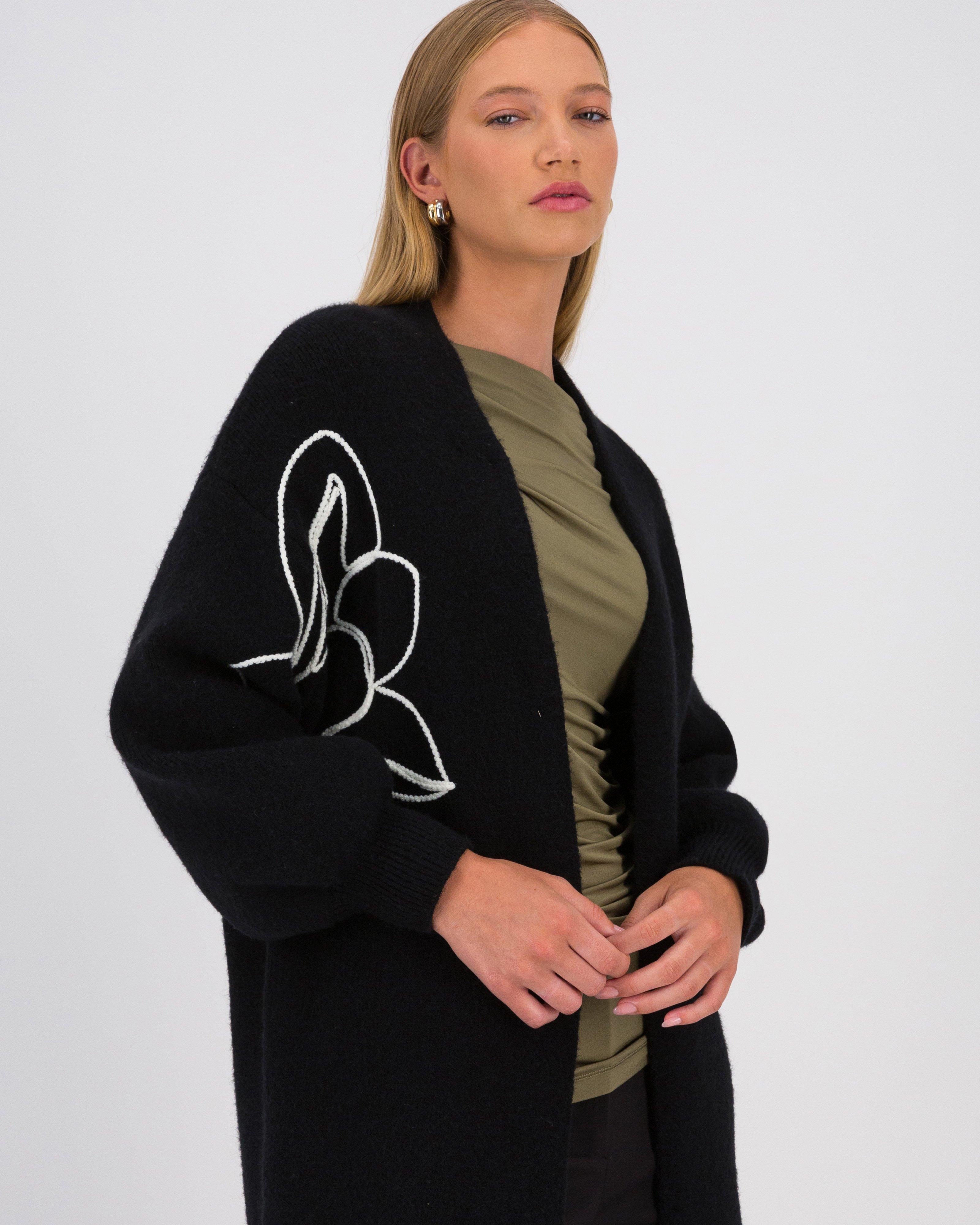 Ayla Floral Embroidered Long Kimono -  Black