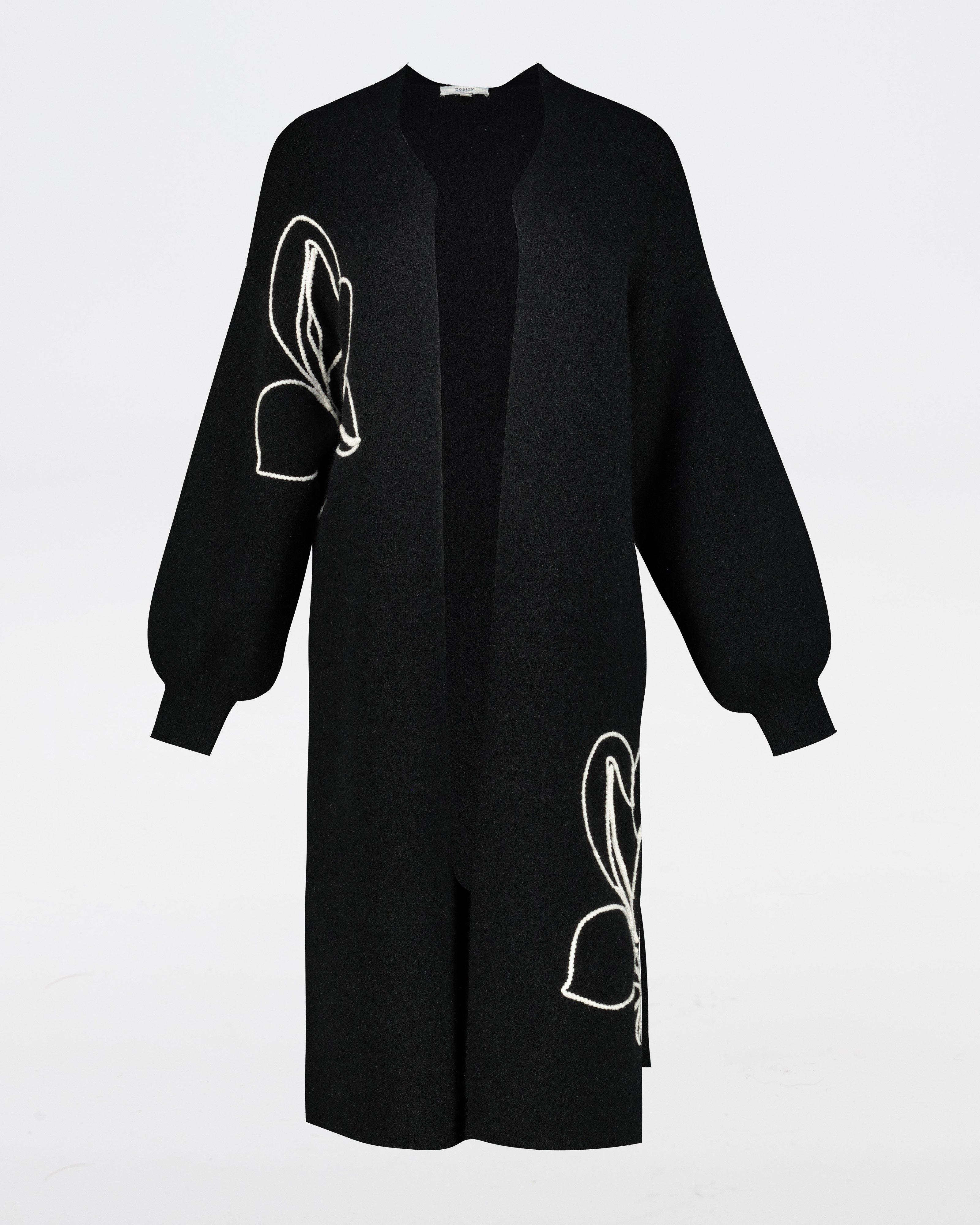 Ayla Floral Embroidered Long Kimono -  Black