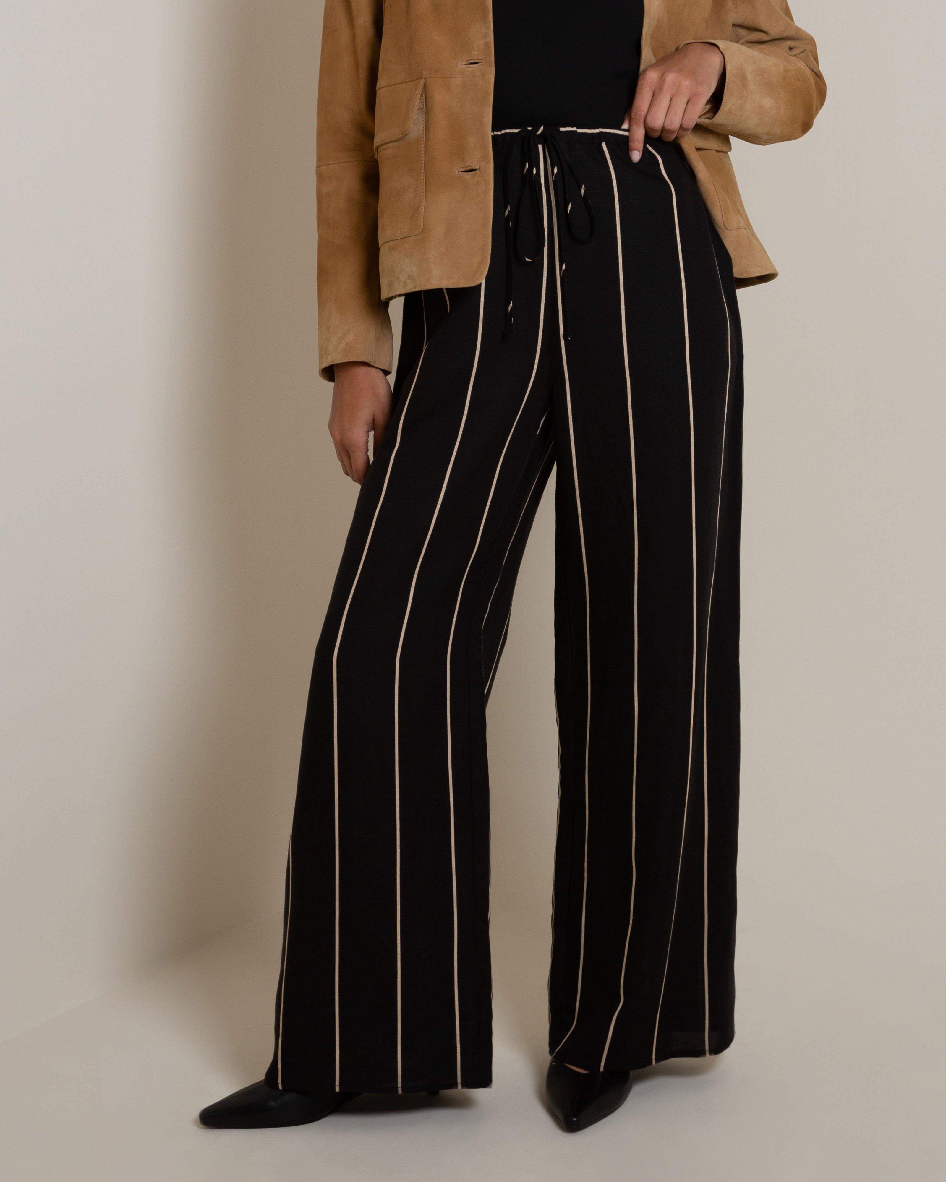 Tess Drawstring Stripe Pant -  Black
