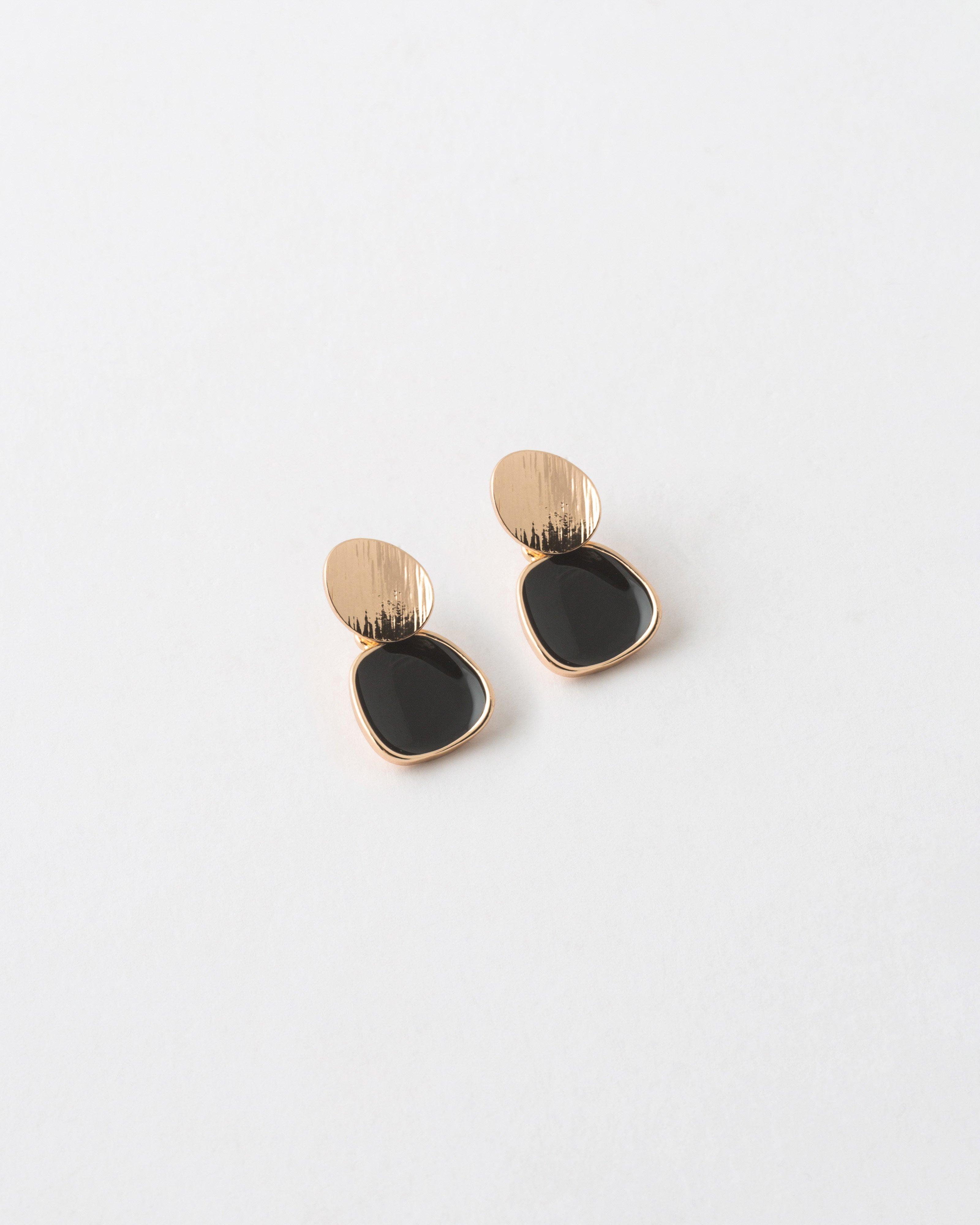Oval Brushed Disk & Resin Square Drop Earrings -  Black