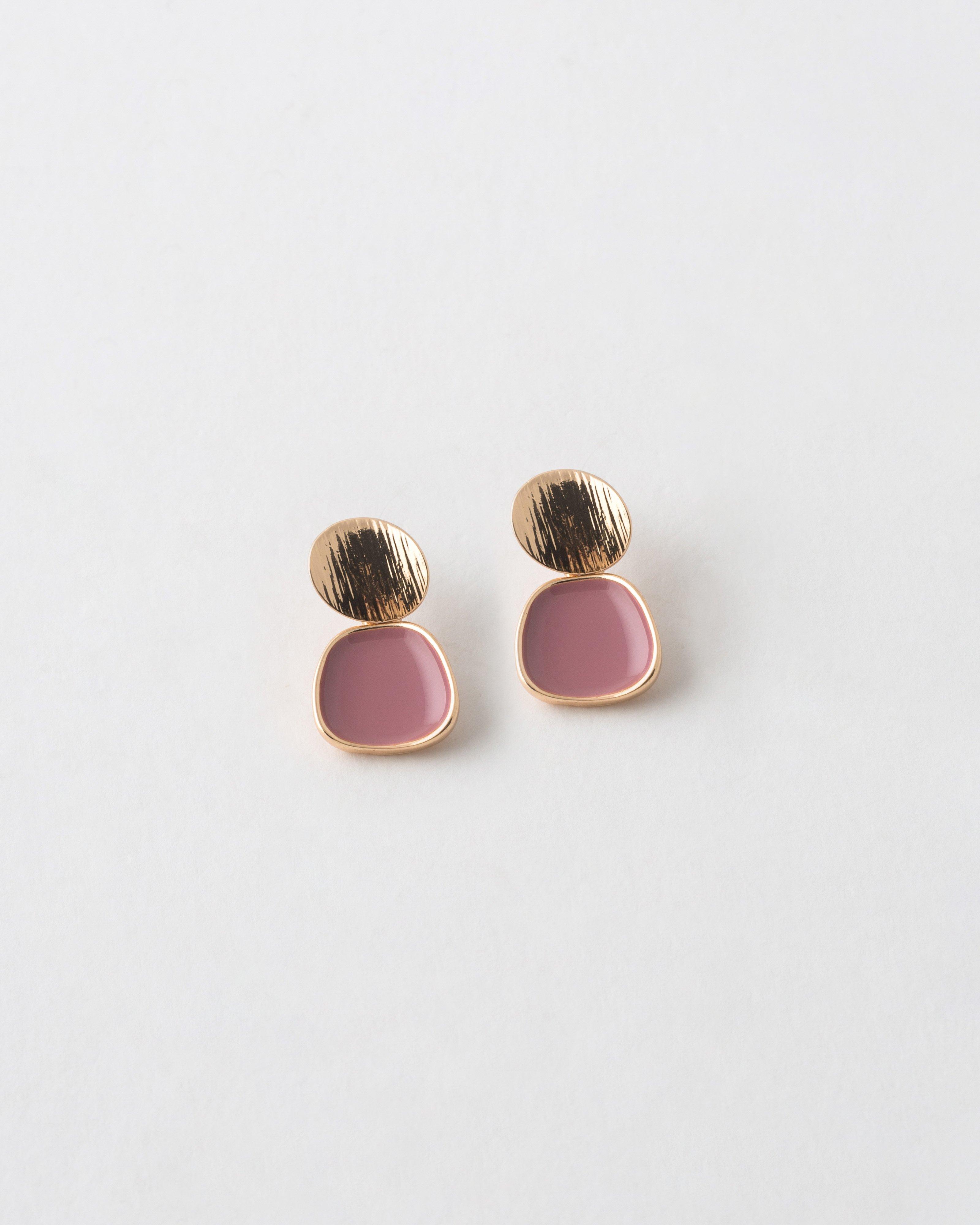 Oval Brushed Disk & Resin Square Drop Earrings -  Pink