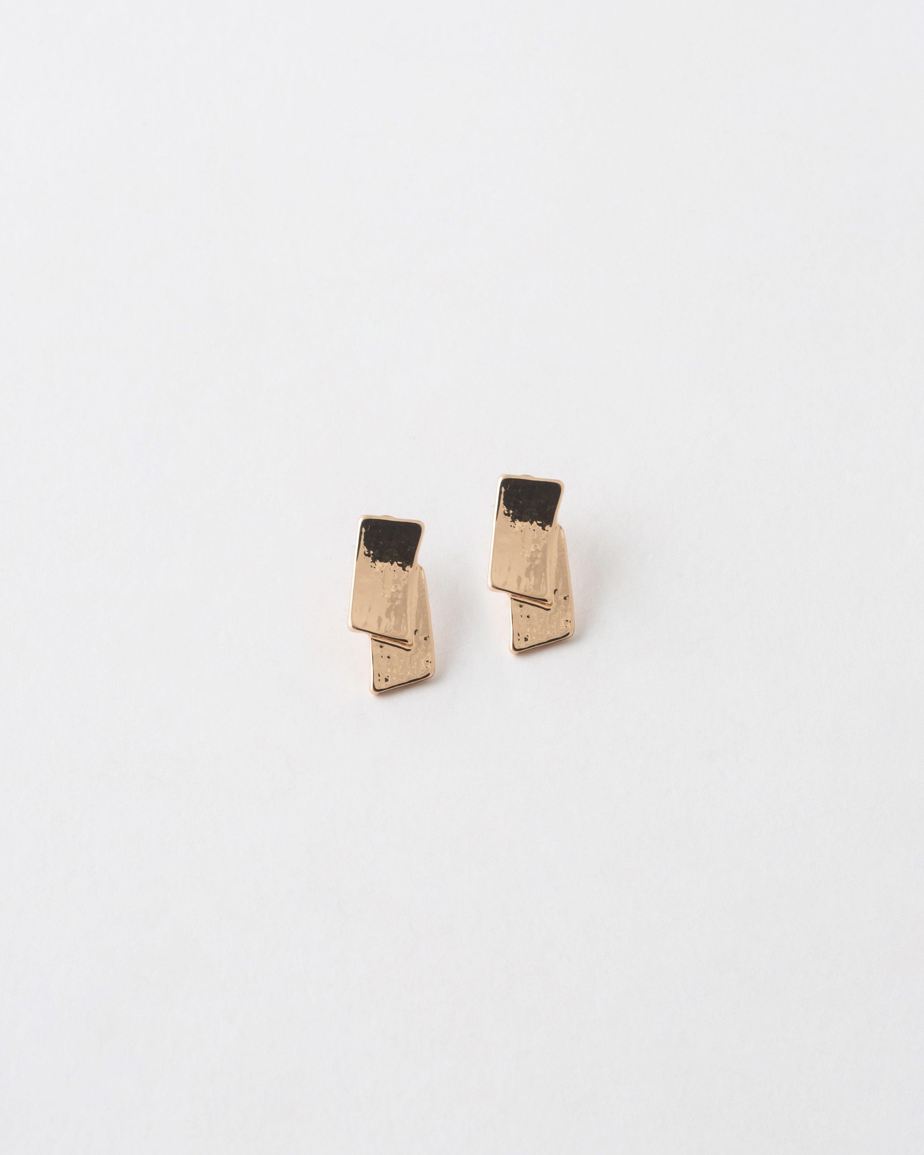 Double Brushed Rectangular Stud Earrings -  Gold