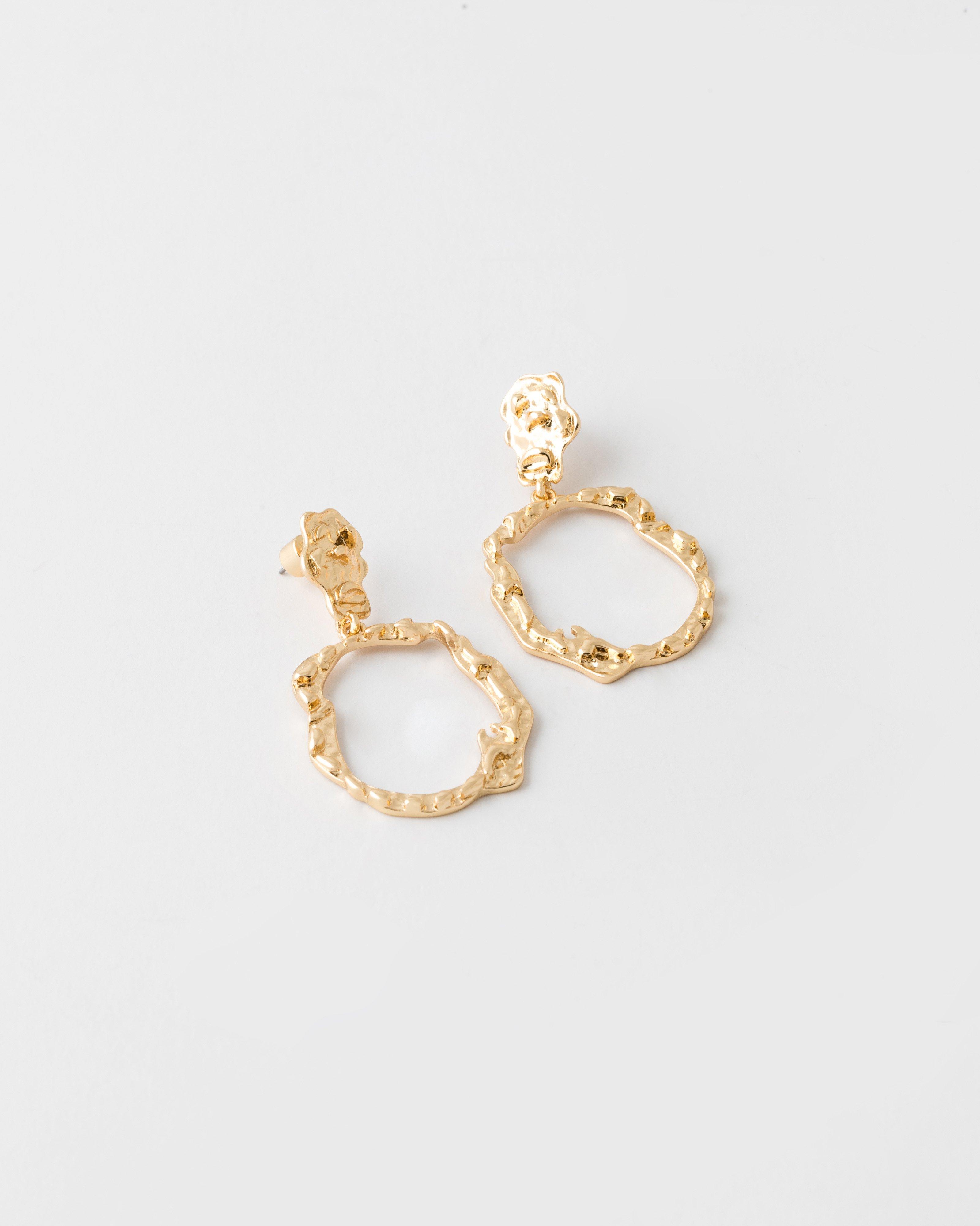 Organic Circular Indented Drop Earrings -  Gold