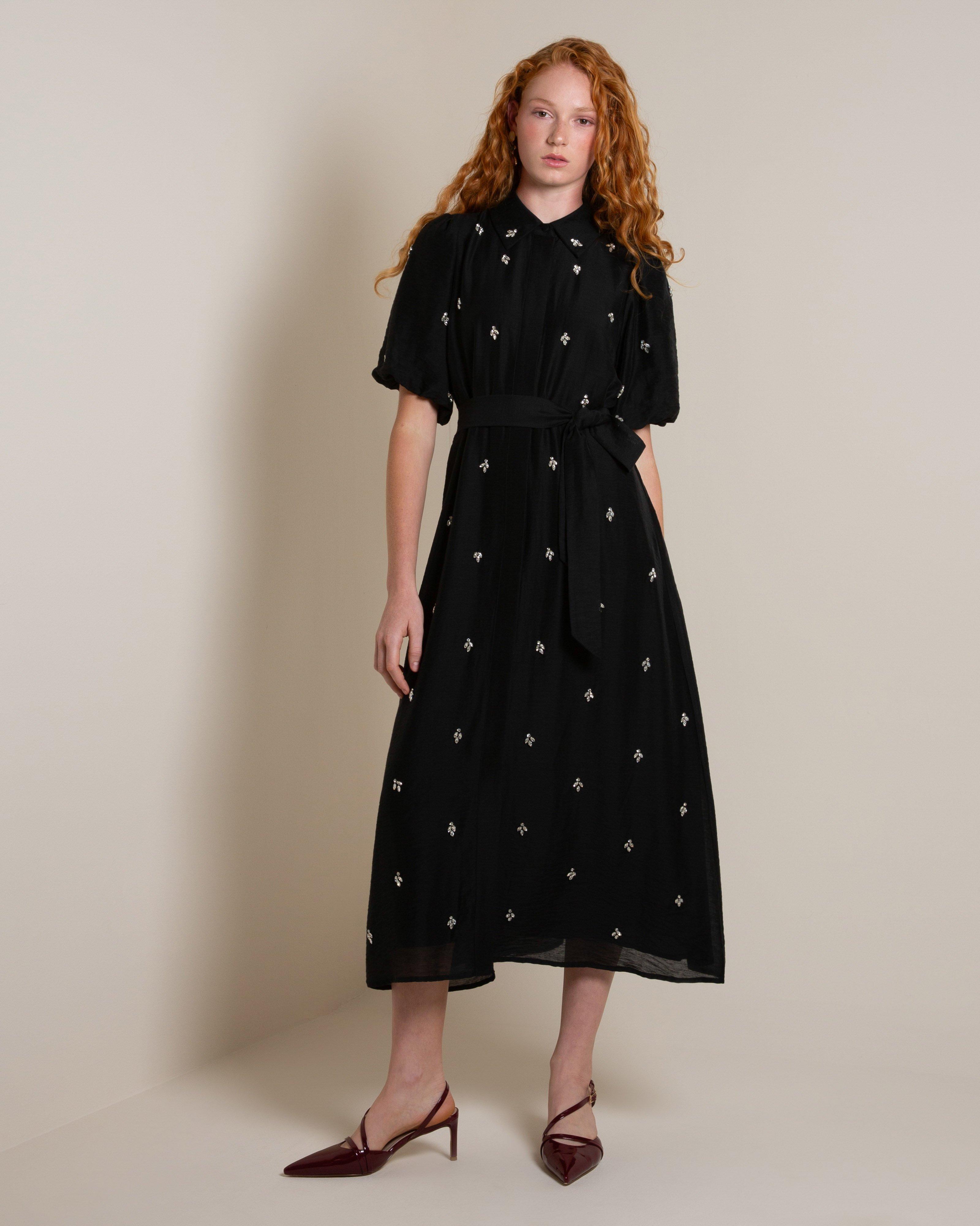 Zenia Embellished Midi Dress -  Black
