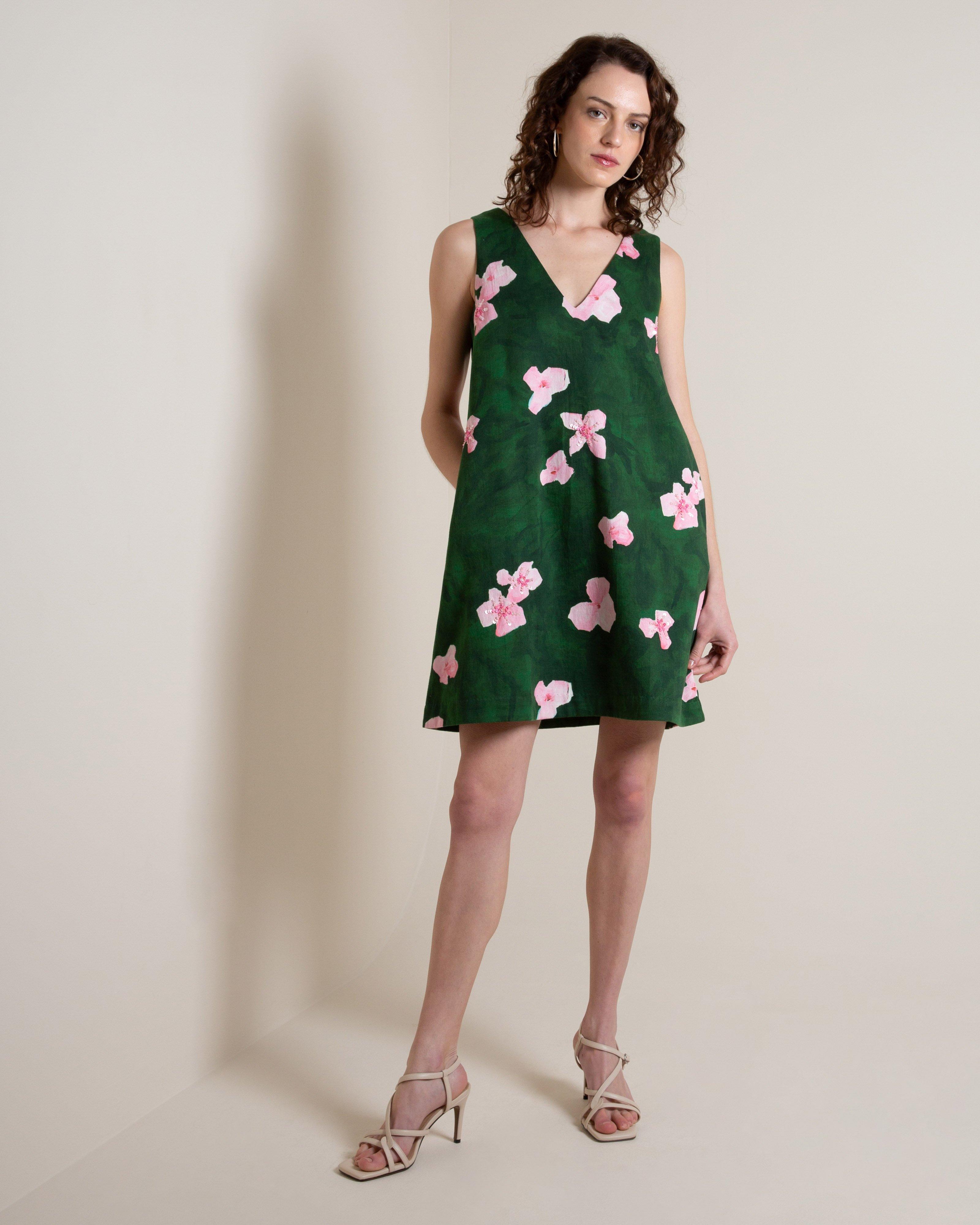 Shayla Sequin & Print Dress -  Green