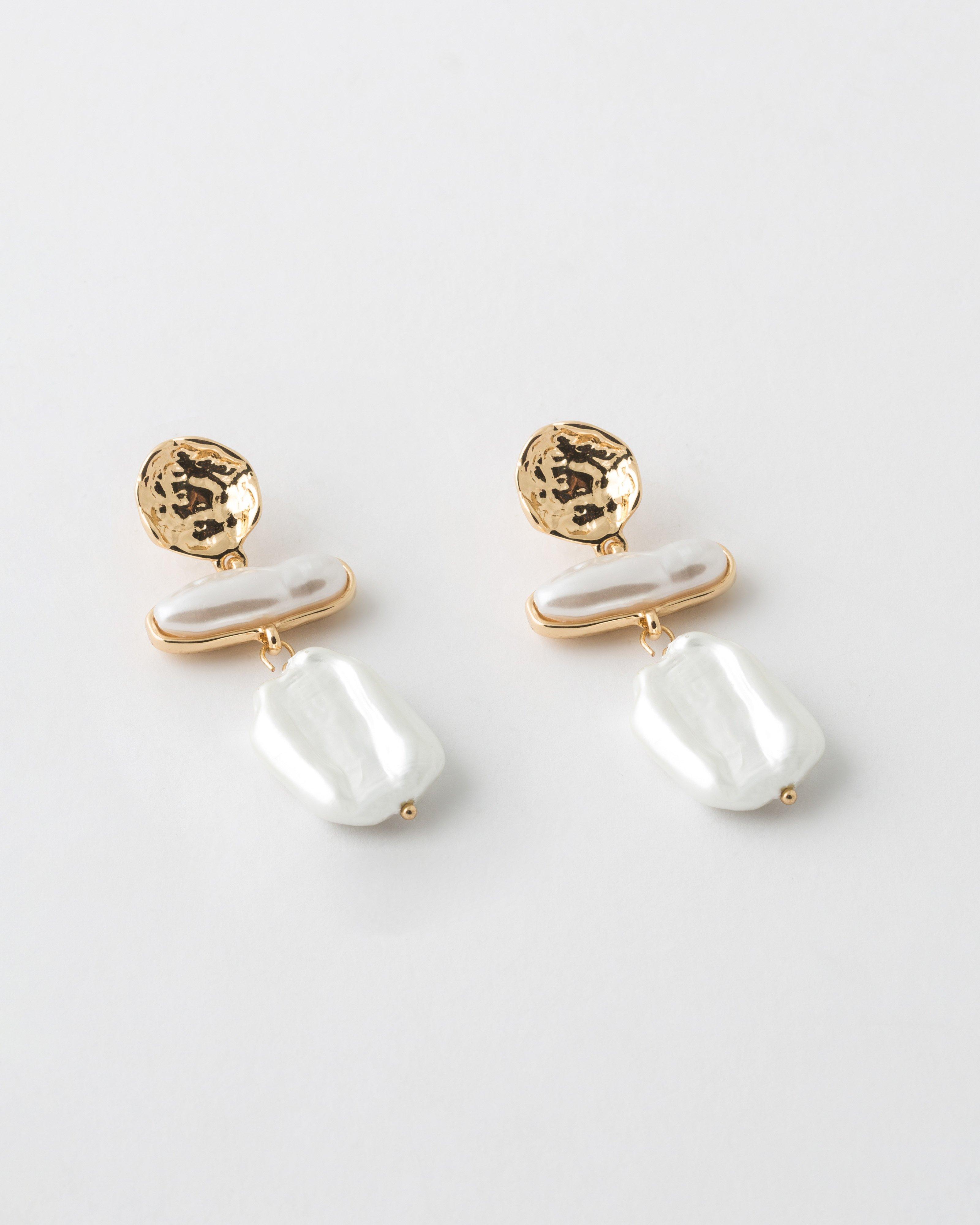 Circle Indented & Square Freshwater Pearl Drop Earring -  Milk