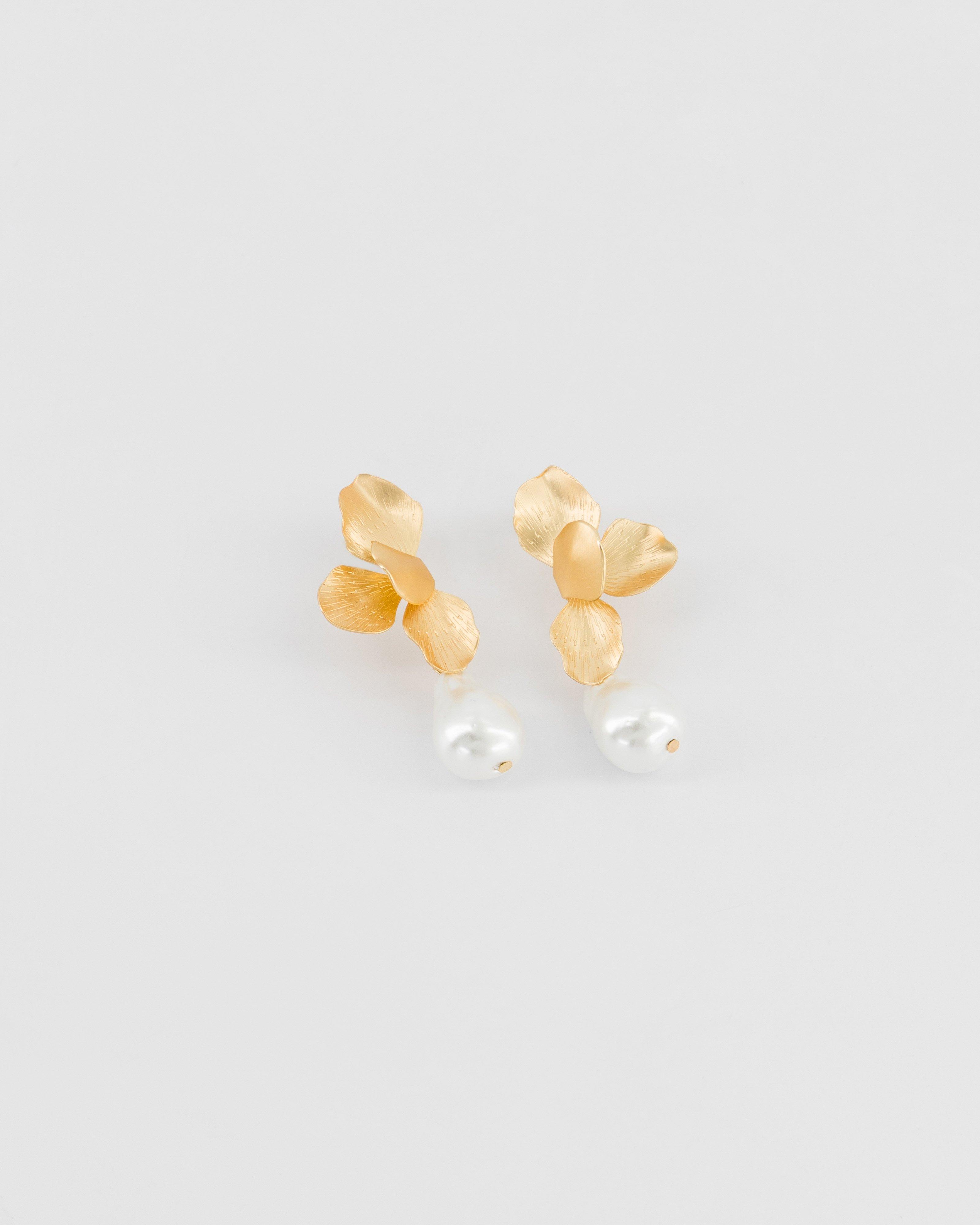 Folded Flower & Pearl Drop Earrings -  Gold