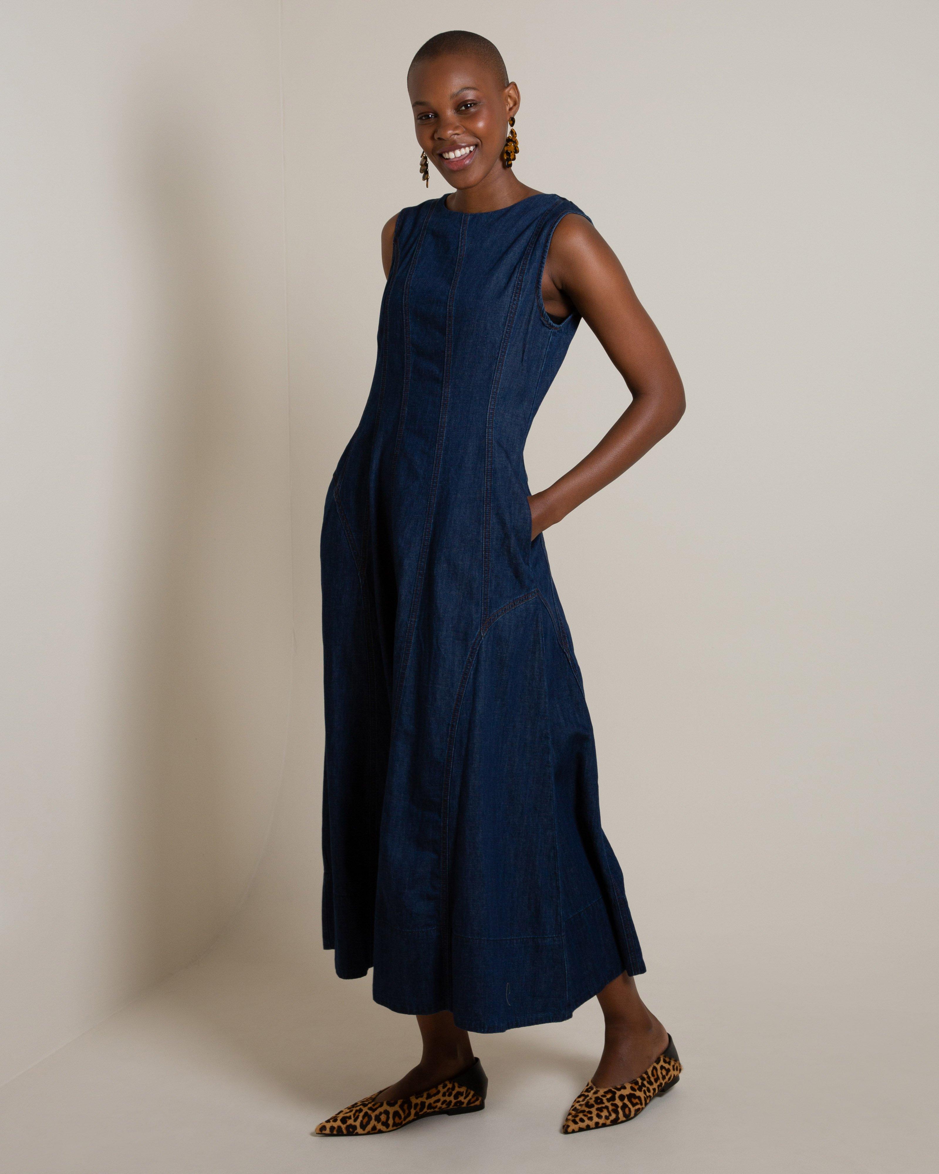 Pola Denim Midi Dress -  Blue