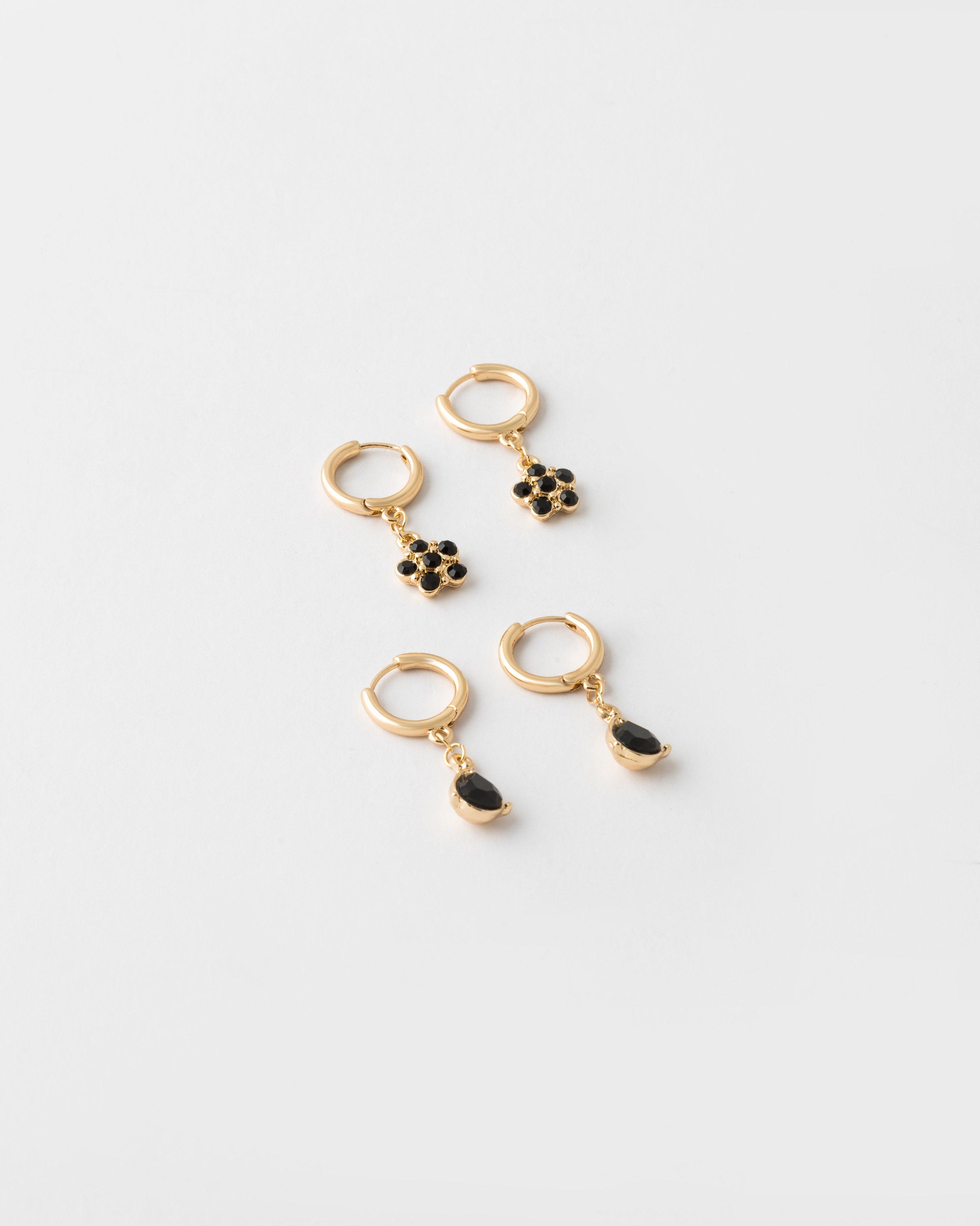 Stone & Flower Huggie Earrings Pack -  Black