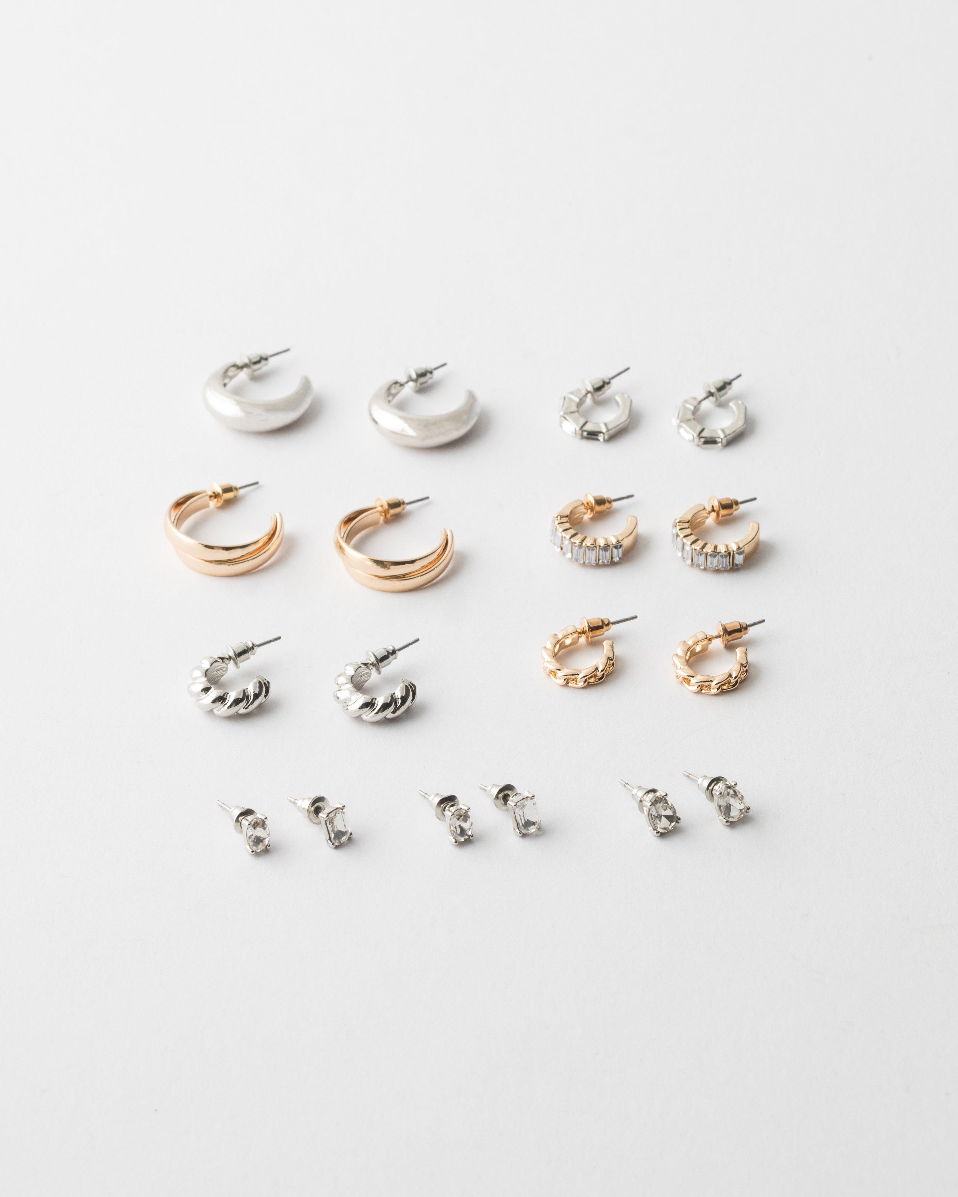 Women's Mixed Metal Earrings 9-Pack -  Gold