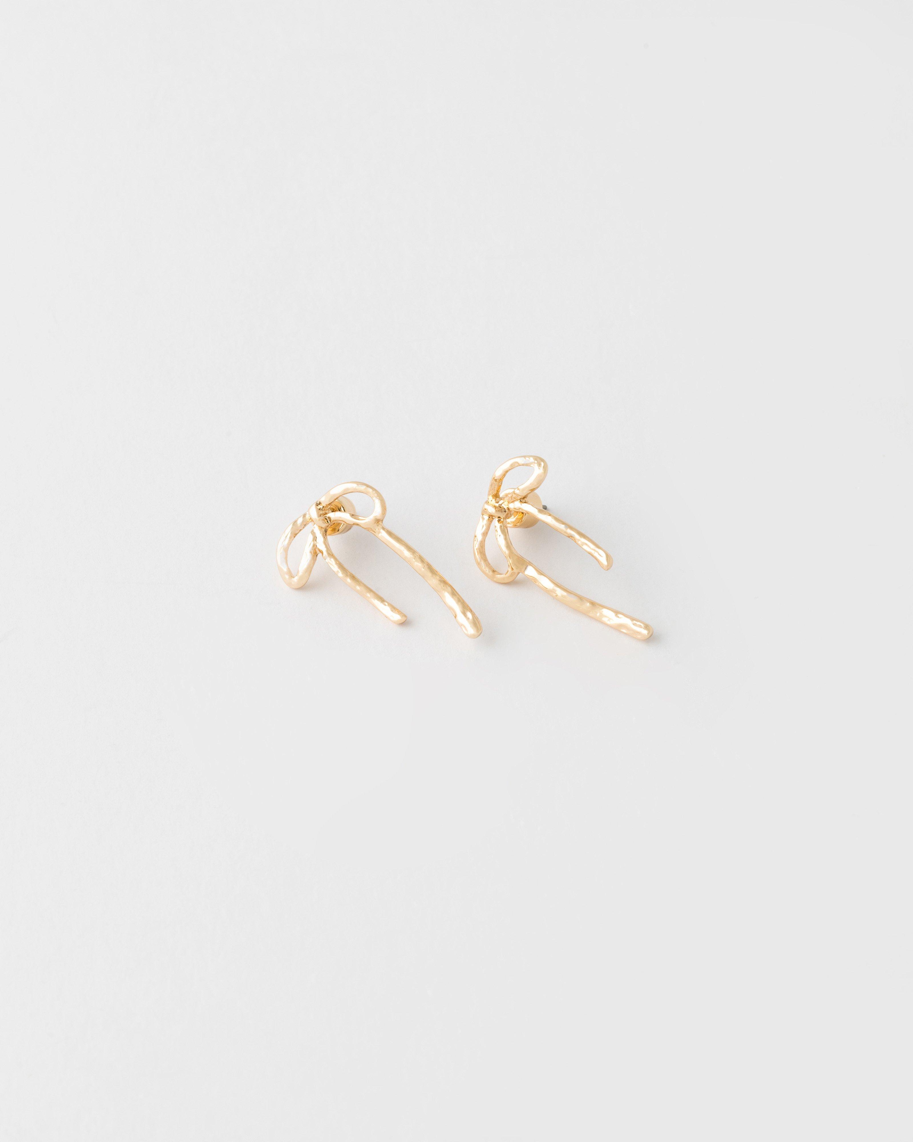 Dented Textured Bow Stud Earrings -  Gold