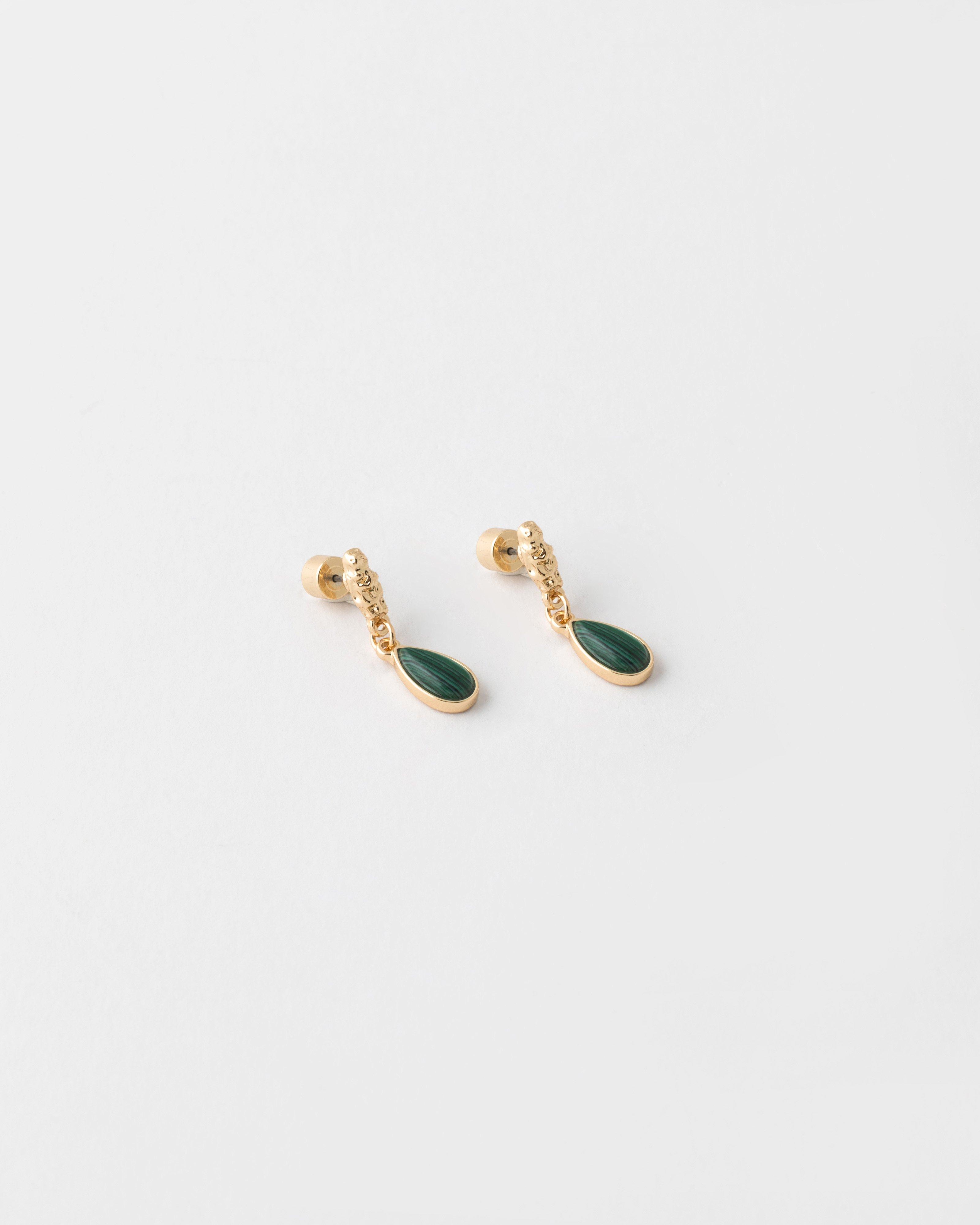 Leaf & Natural Stone Drop Earrings -  Green