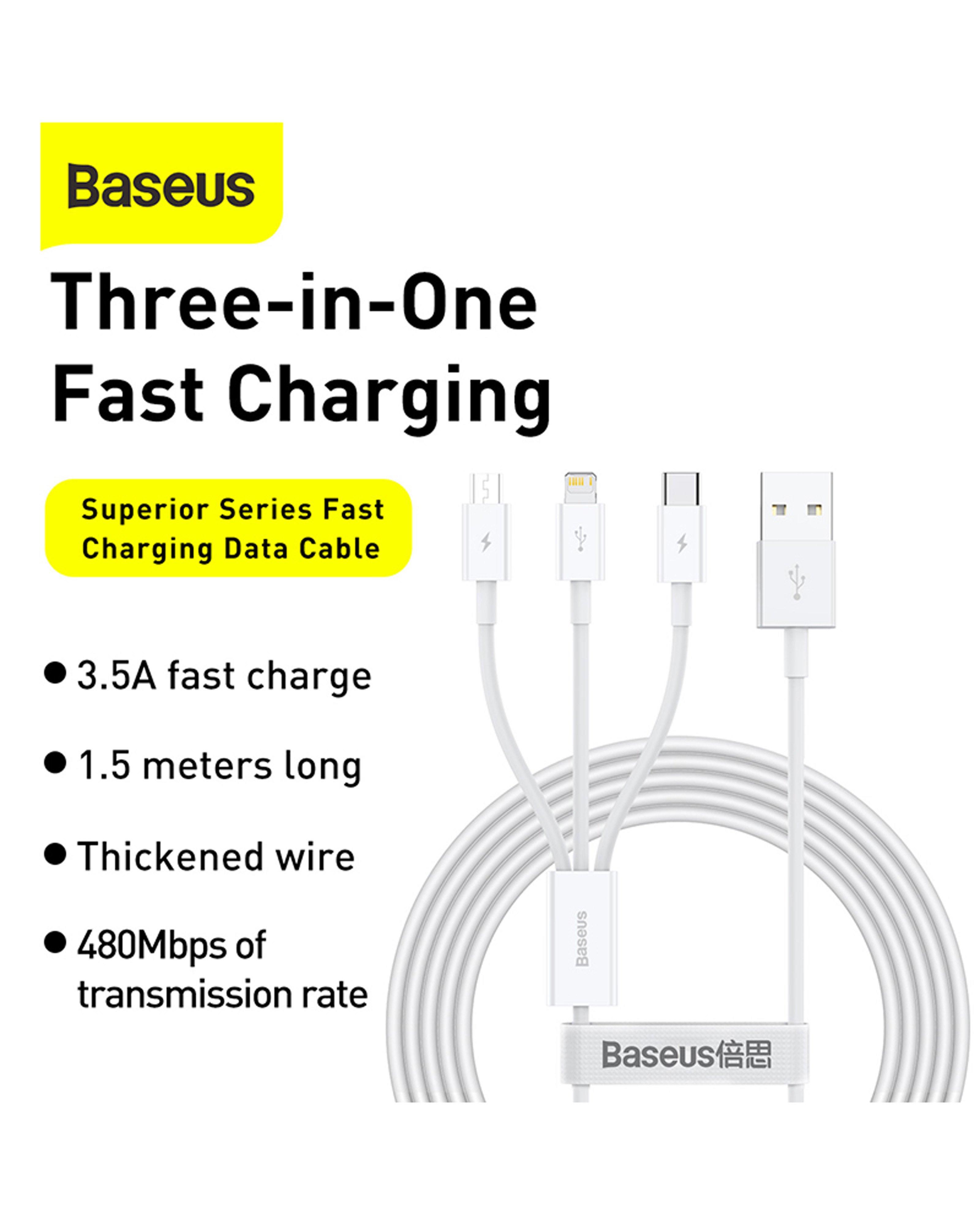 Baseus 3-in-1 Superior Series 1.5m Cable (USB to Micro USB, Type-C & iPhone) -  White