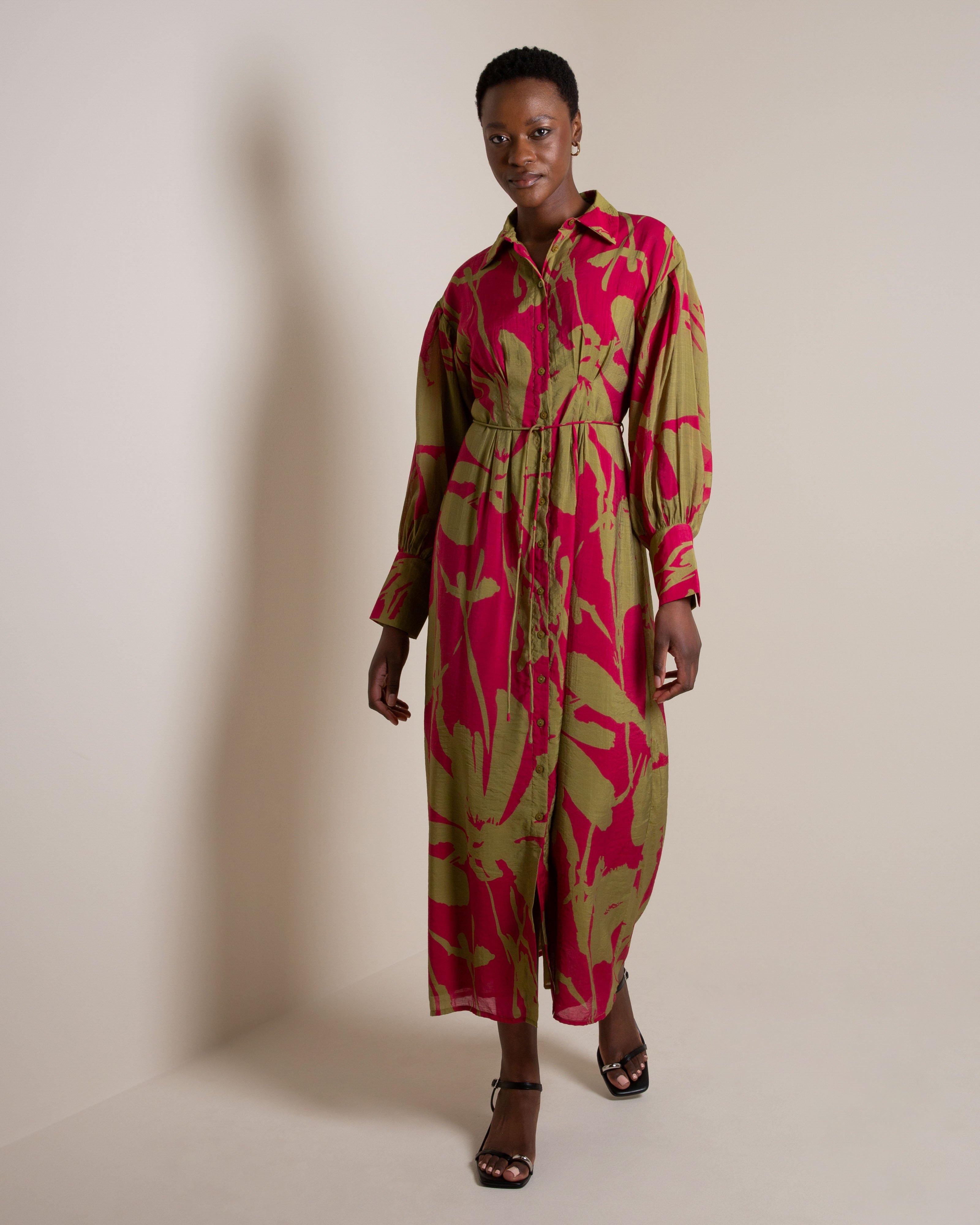 Lungi Printed Pintuck Shirt Dress -  Pink