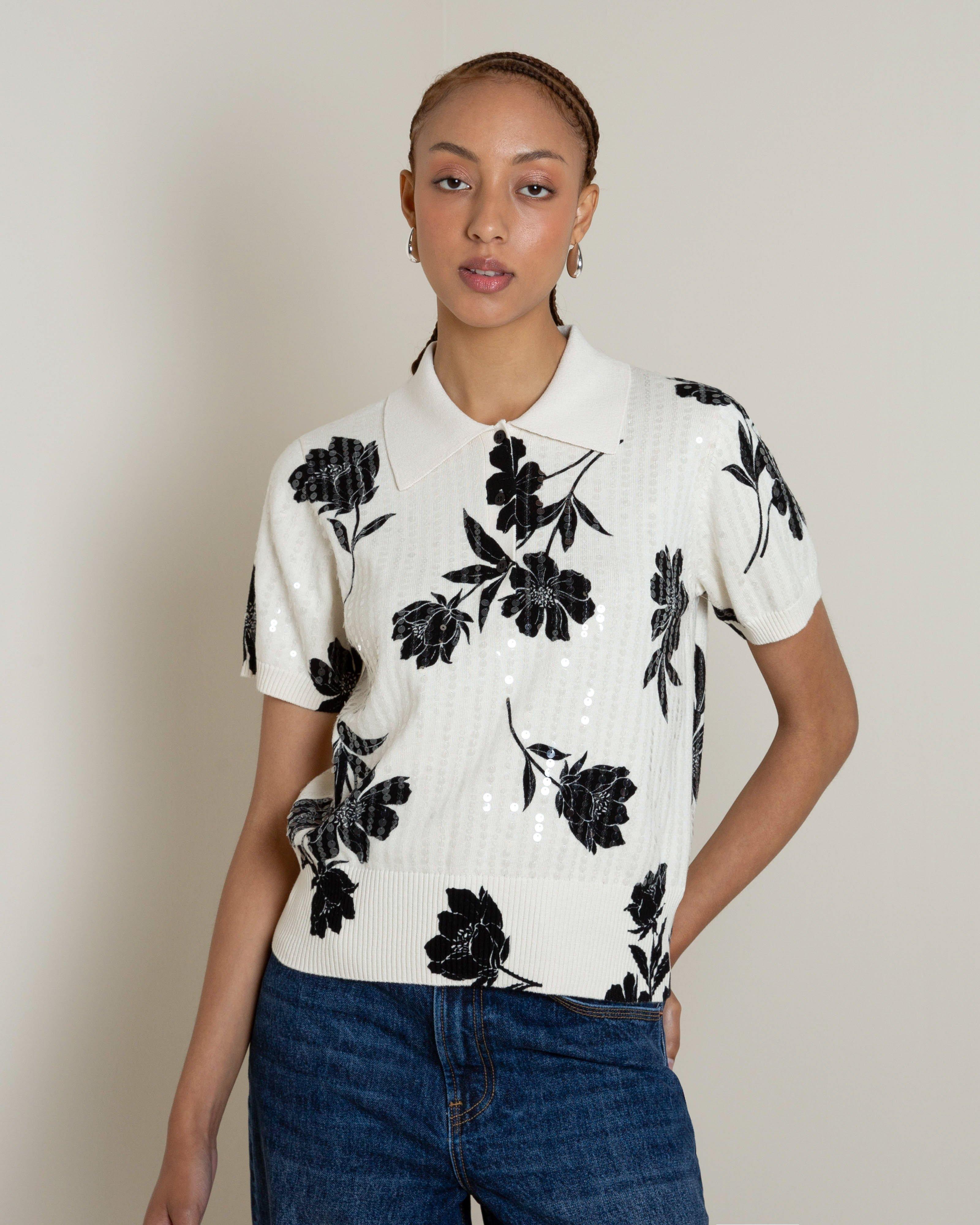 Kamille Print & Sequined Knit Polo Top - Poetry Clothing Store