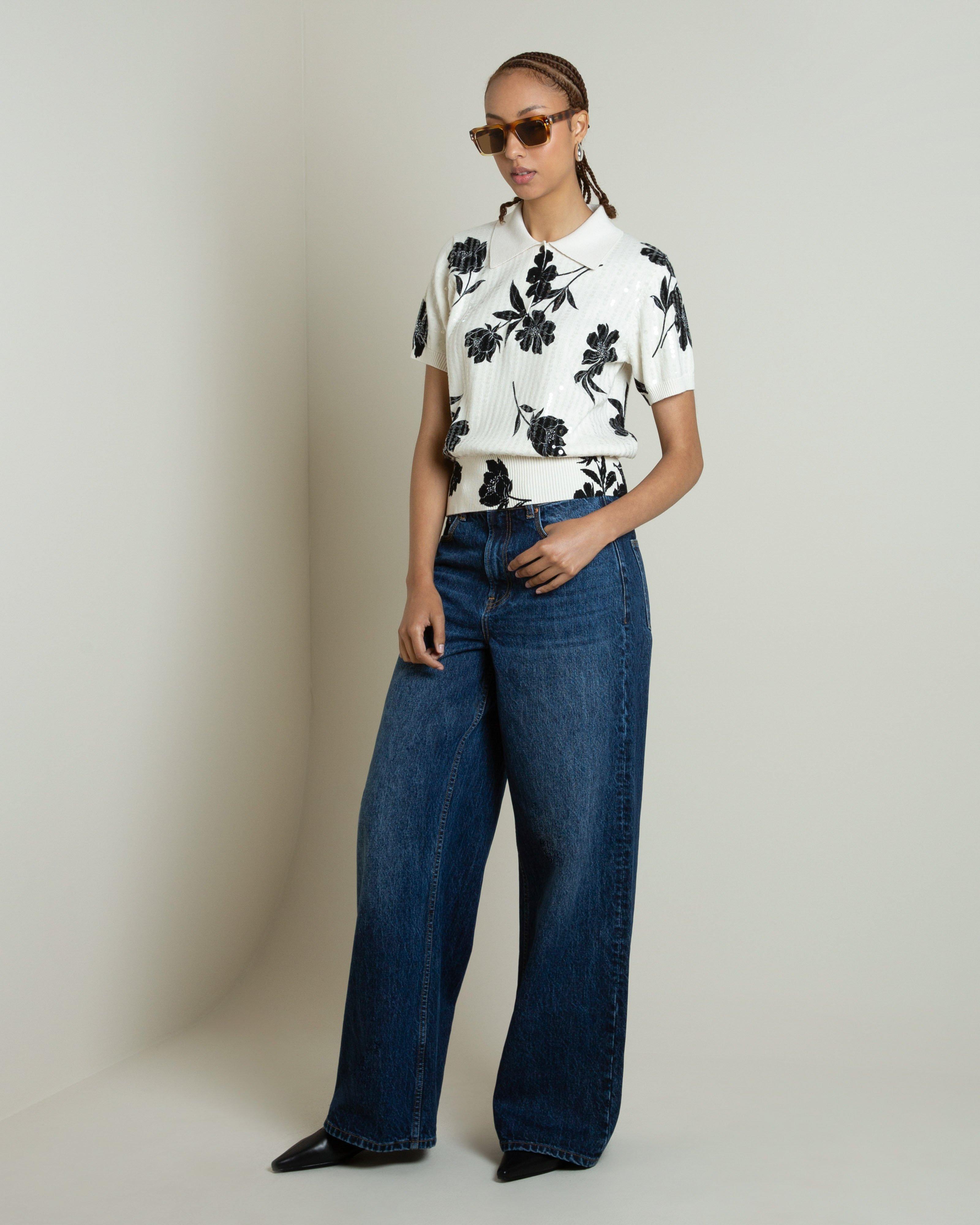 Kamille Print & Sequined Knit Polo Top - Poetry Clothing Store