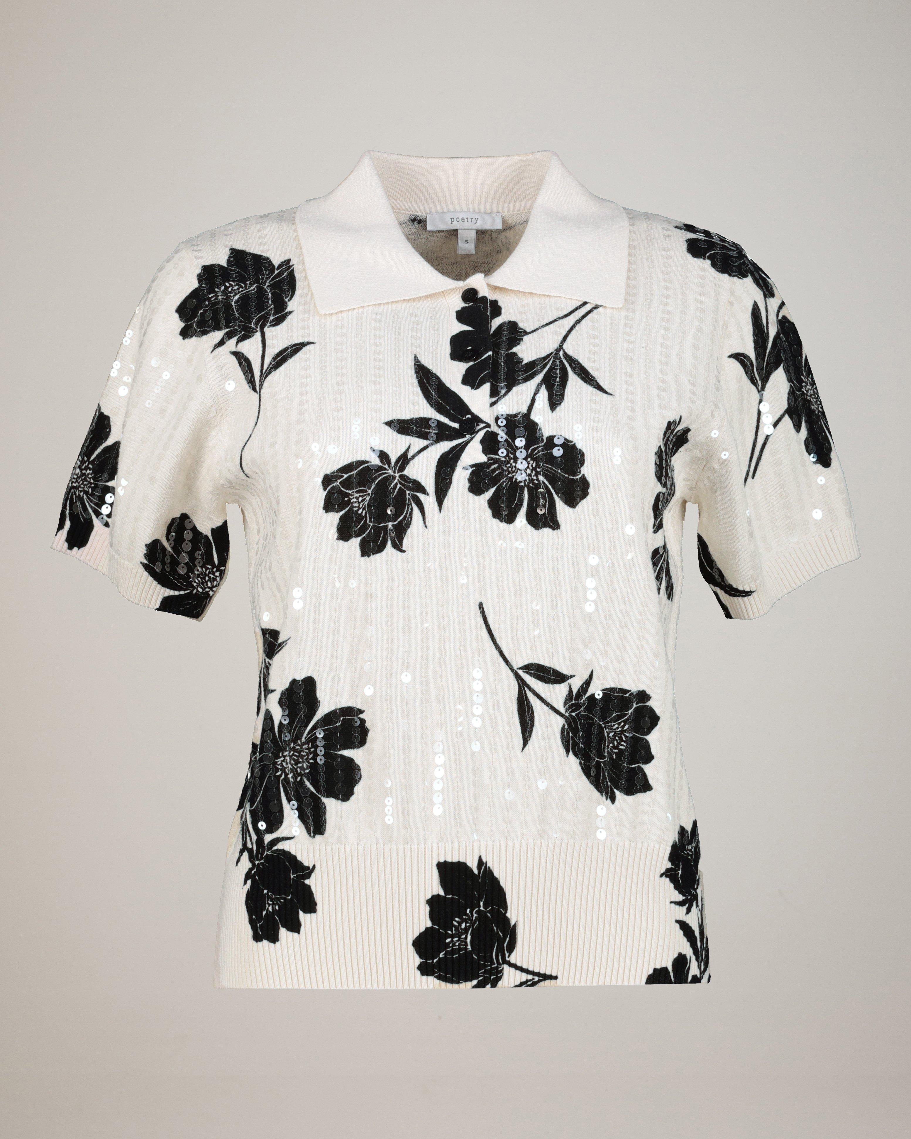 Kamille Print & Sequined Knit Polo Top - Poetry Clothing Store
