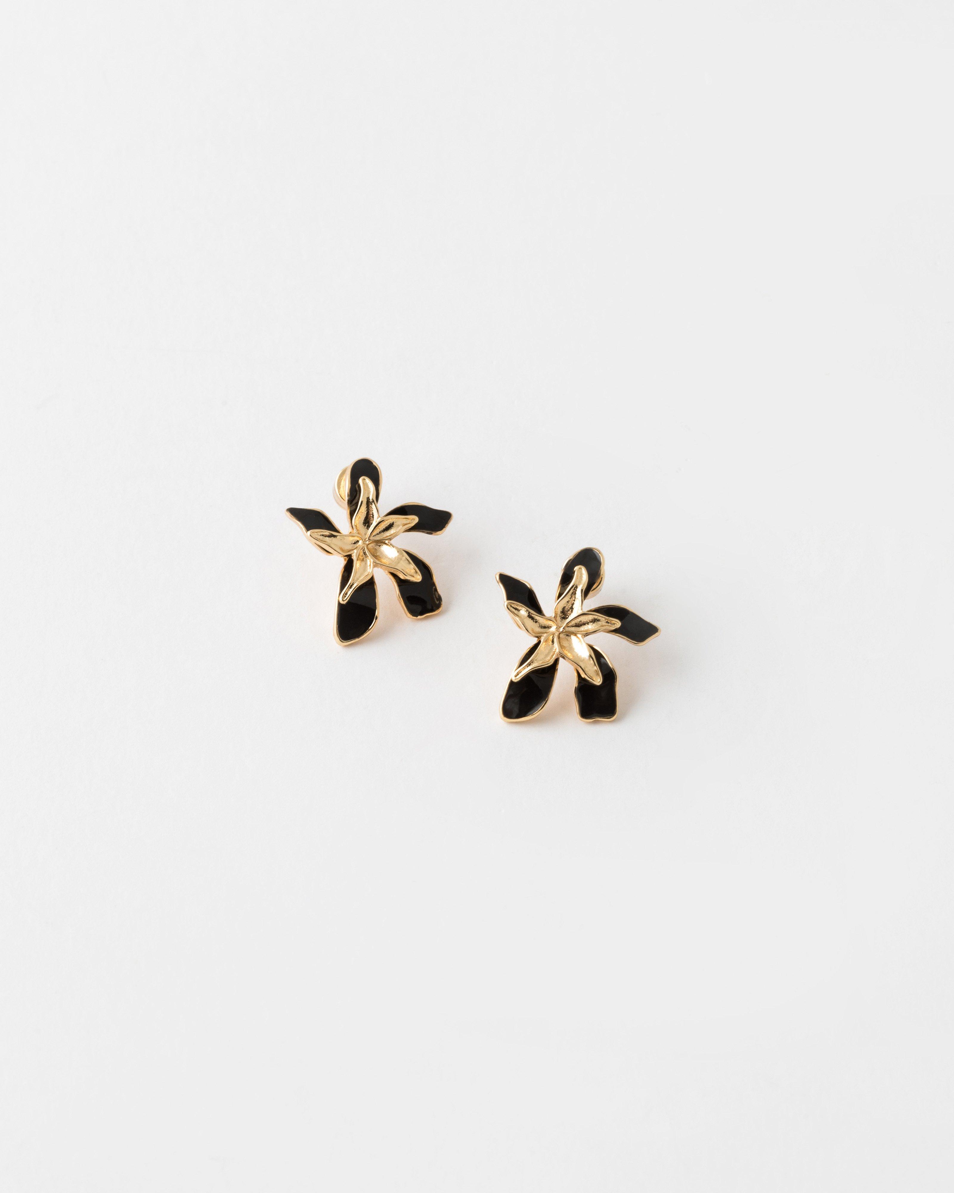 Enamel Flower Stud Earrings -  Black