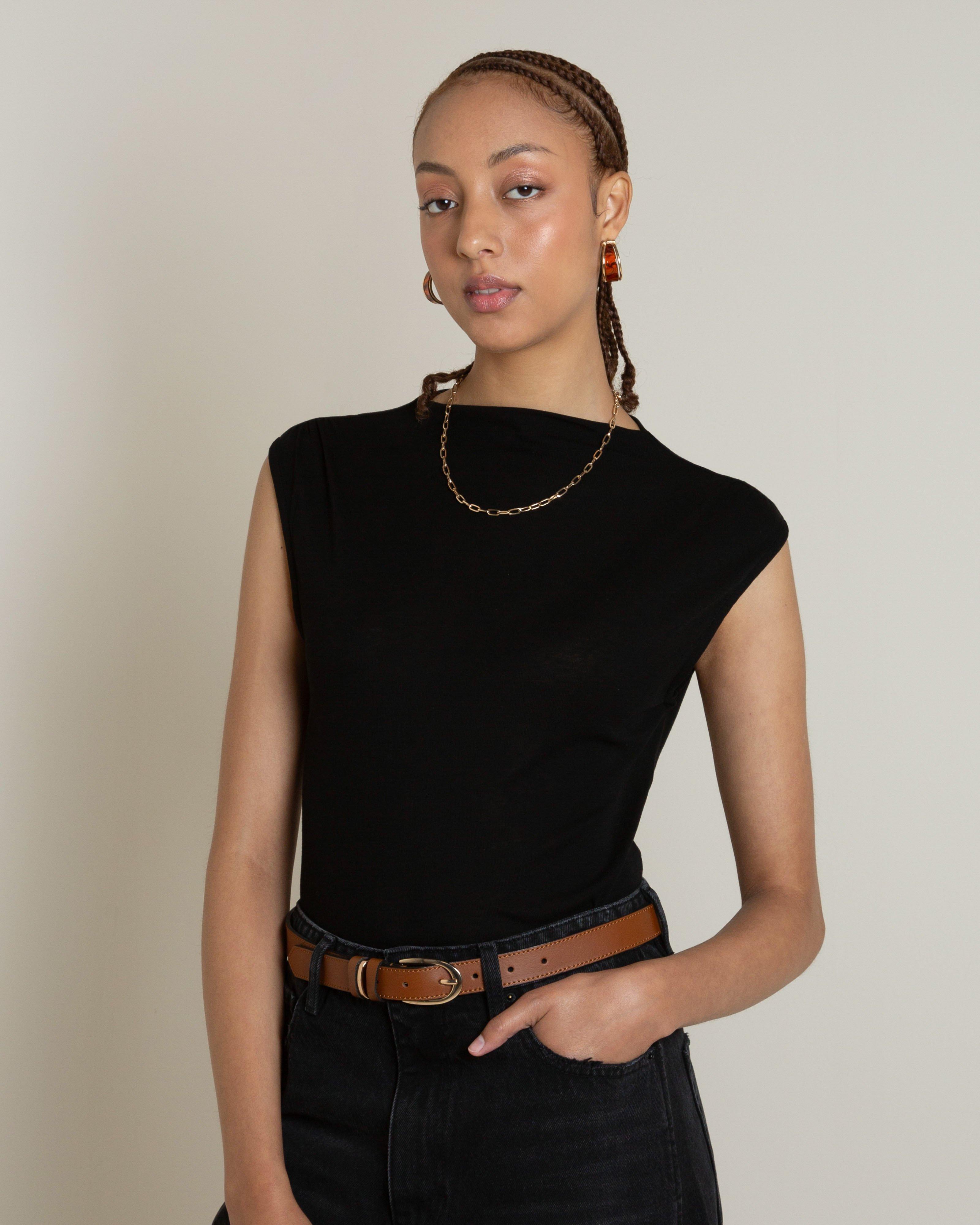 Dominique Funnel Neck Top -  Black