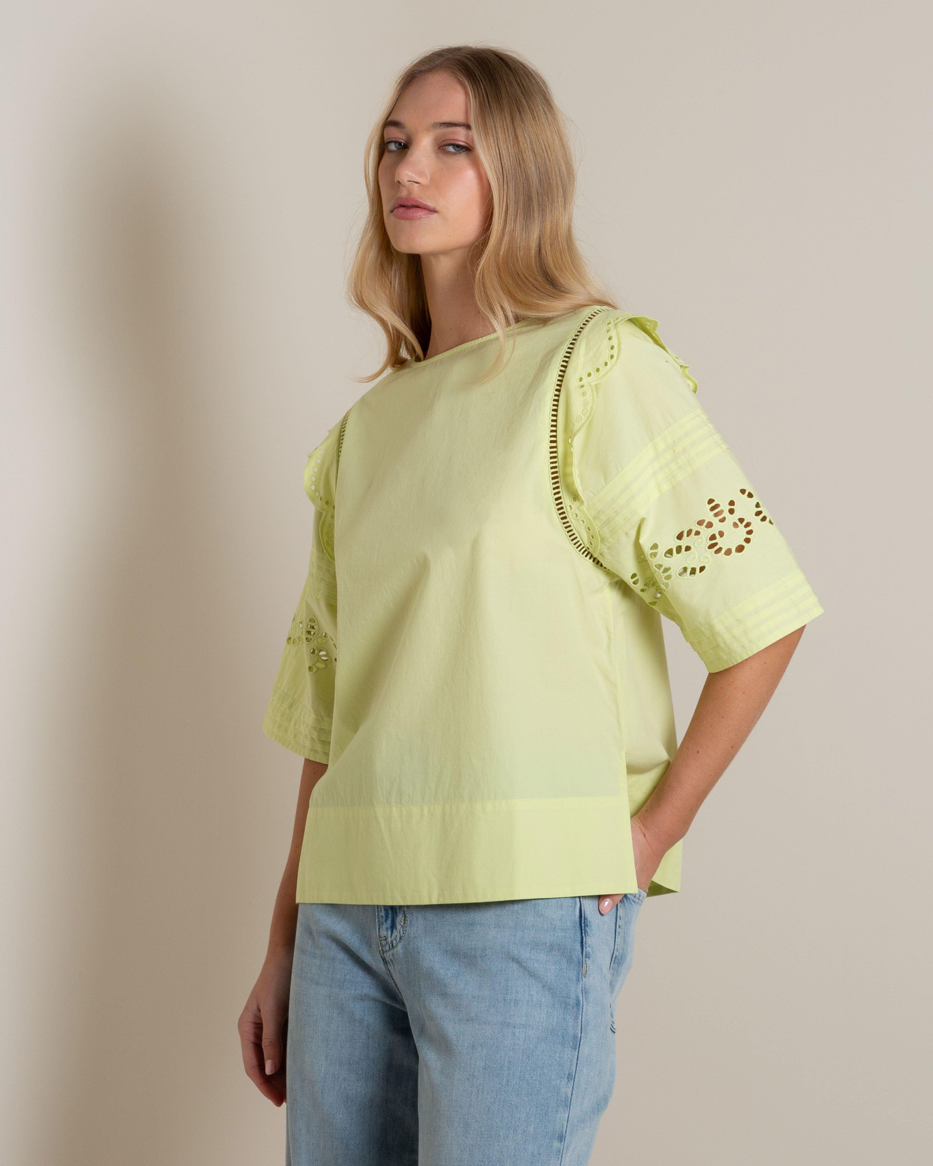 Akani Embroidered Scalloped Blouse -  Green