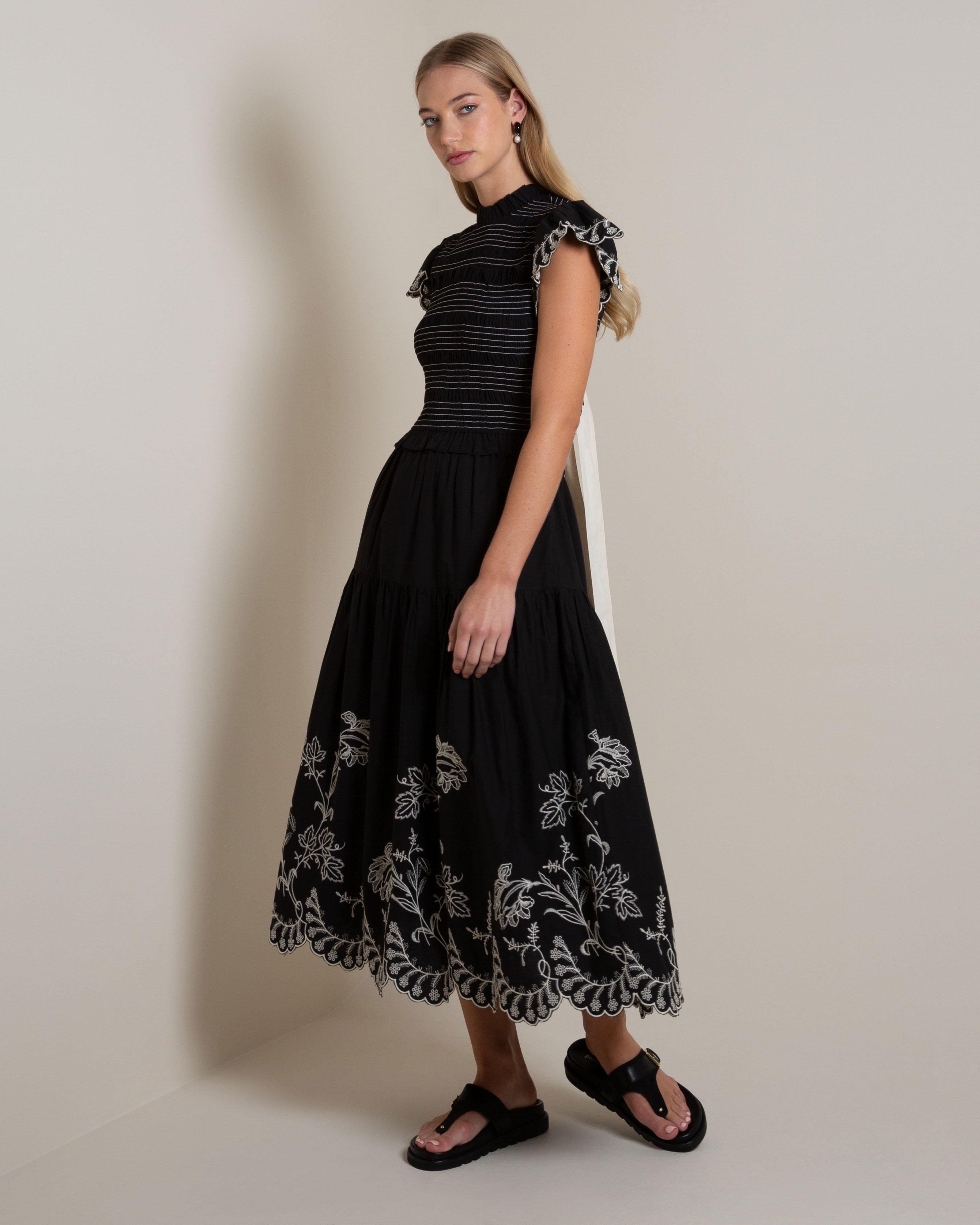 Rhea Embroidered Midi Dress -  Black
