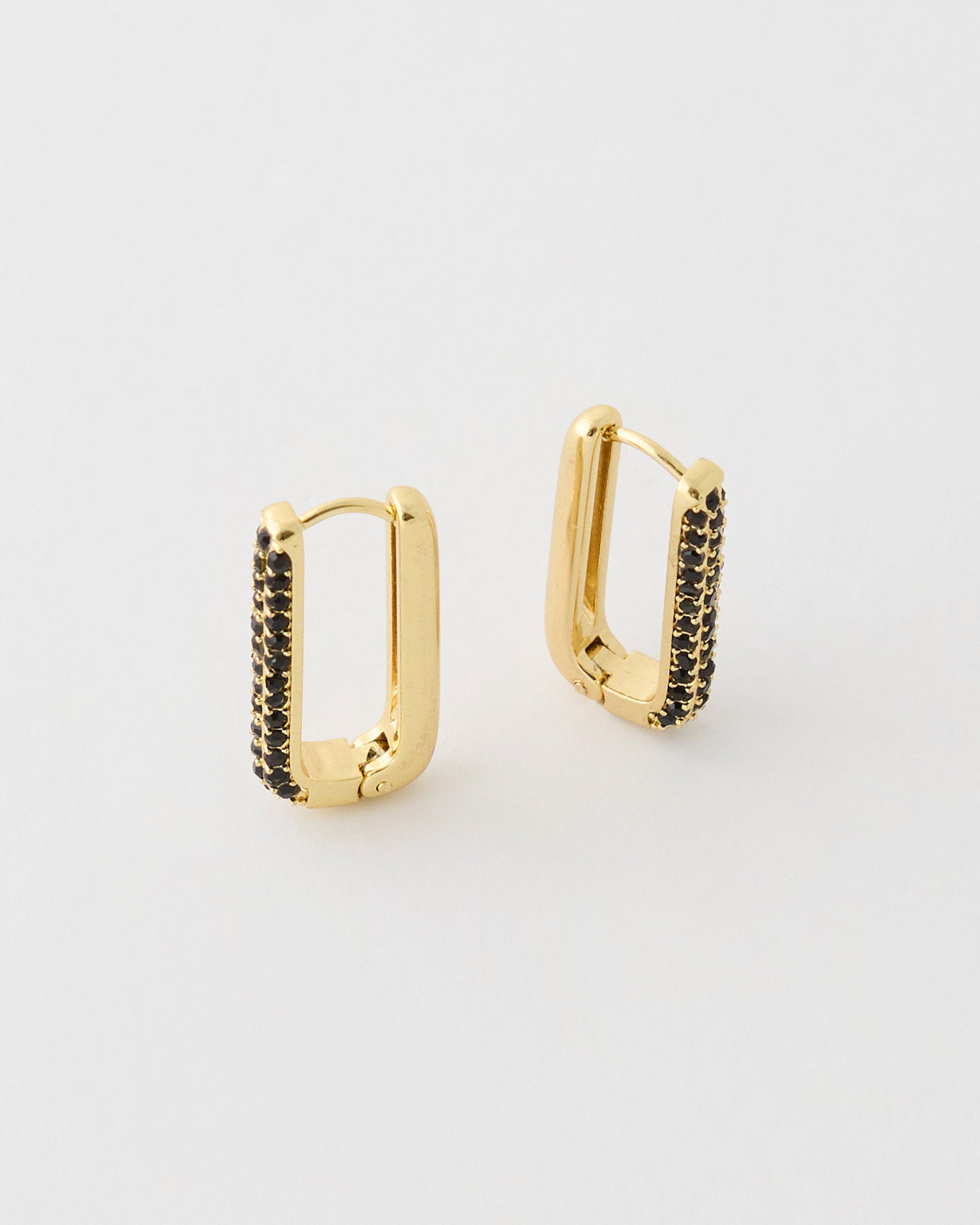  Stainless Steel Rectangular Stone Huggie Earrings -  Black