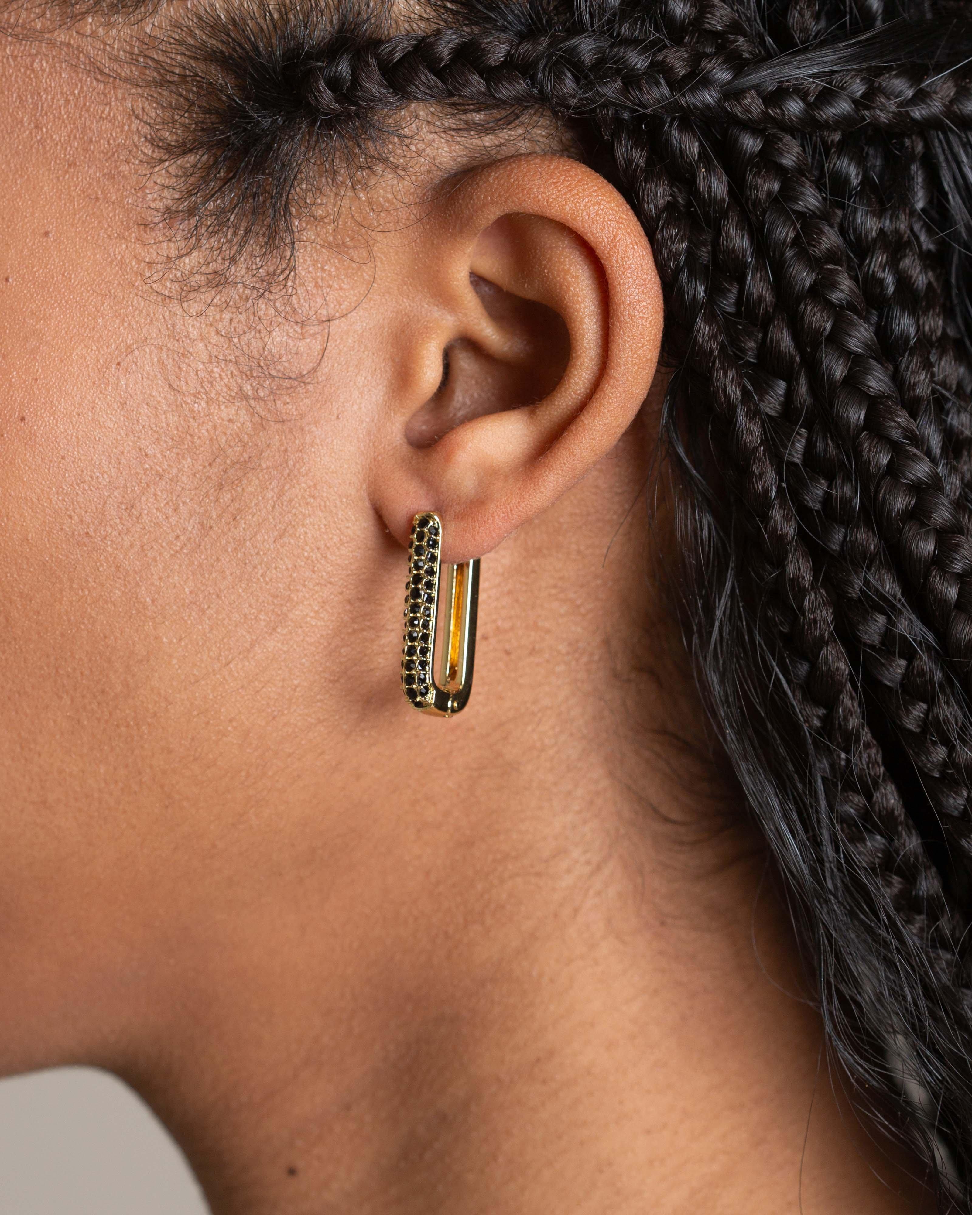 Stainless Steel Rectangular Stone Huggie Earrings -  Black