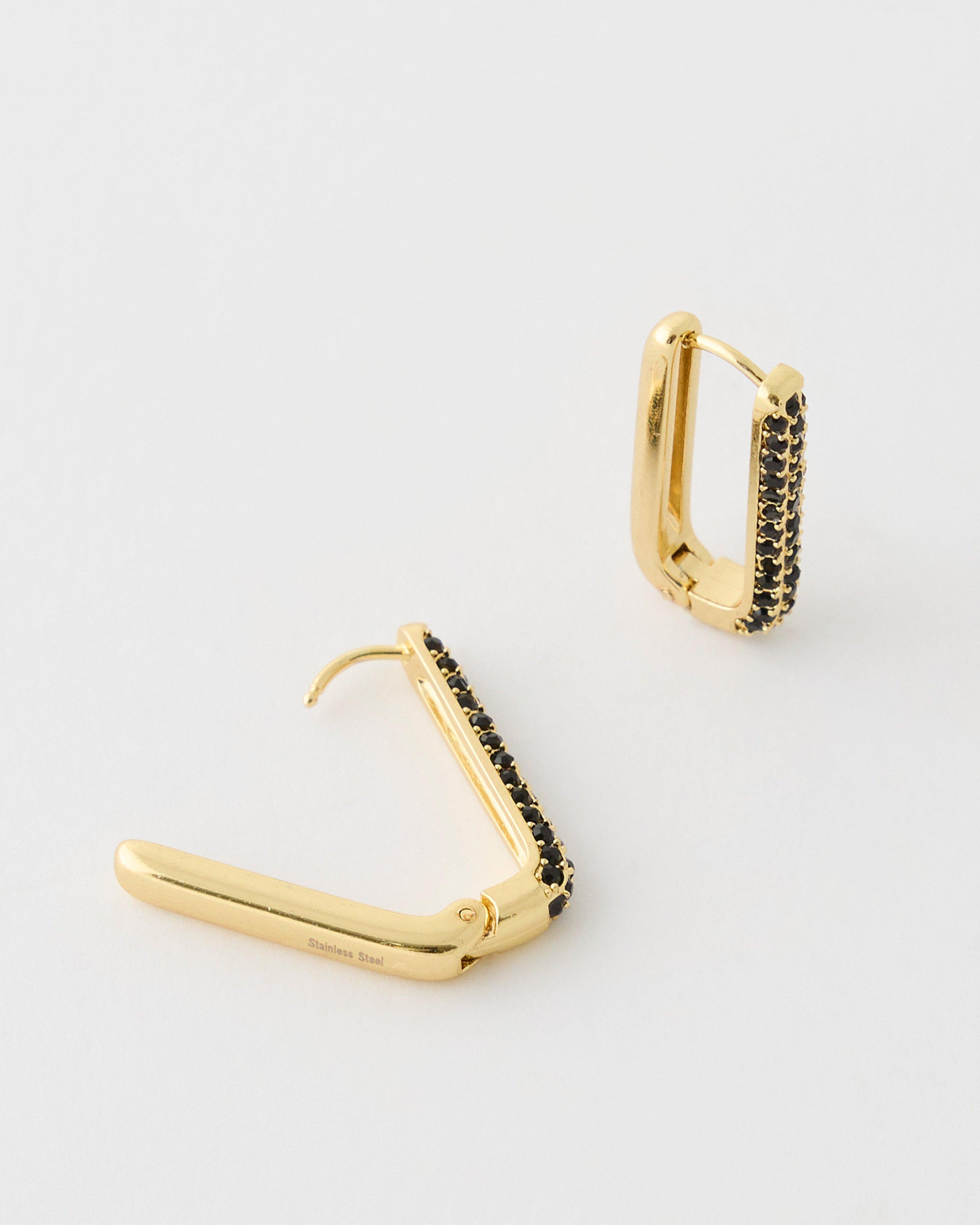  Stainless Steel Rectangular Stone Huggie Earrings -  Black