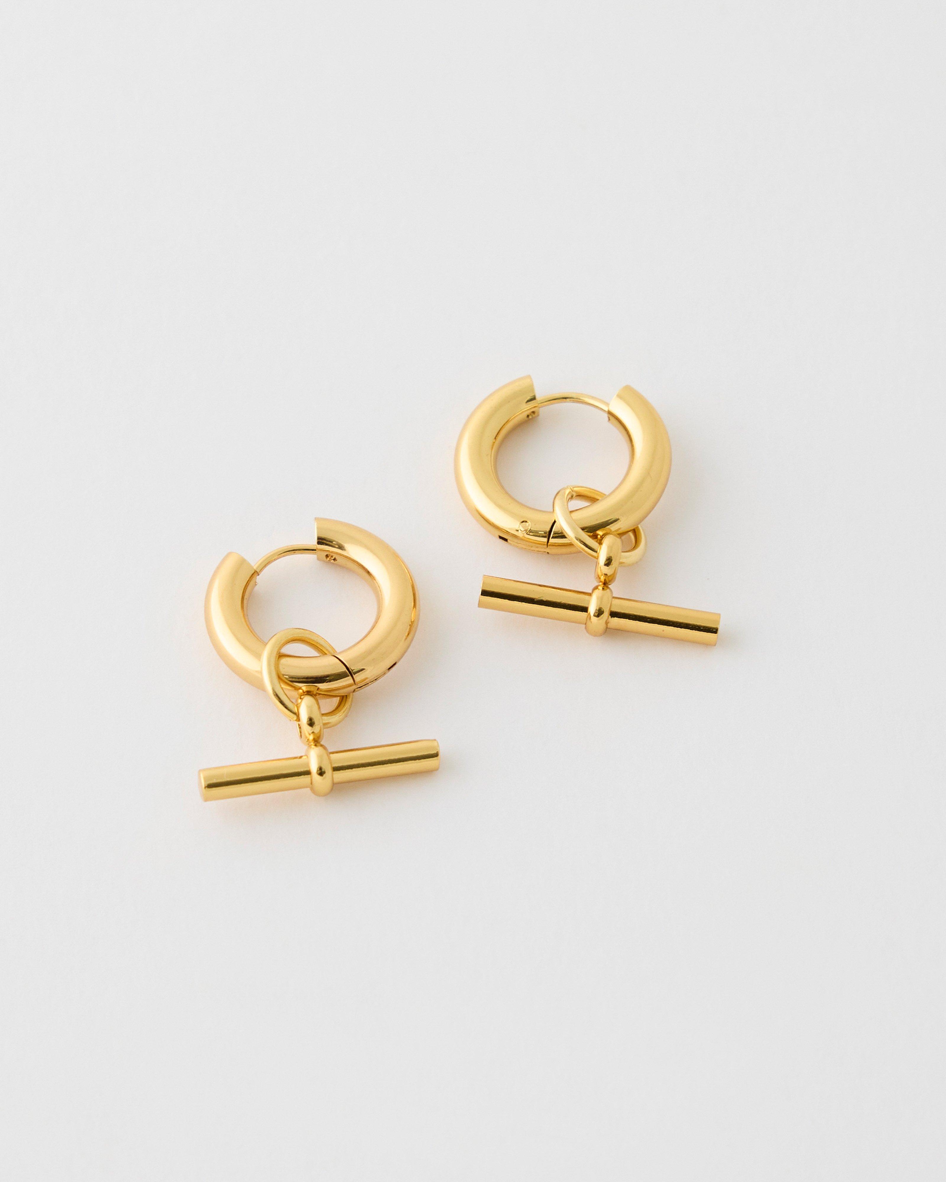 Stainless Steel T-Bar Huggie Earrings -  Gold