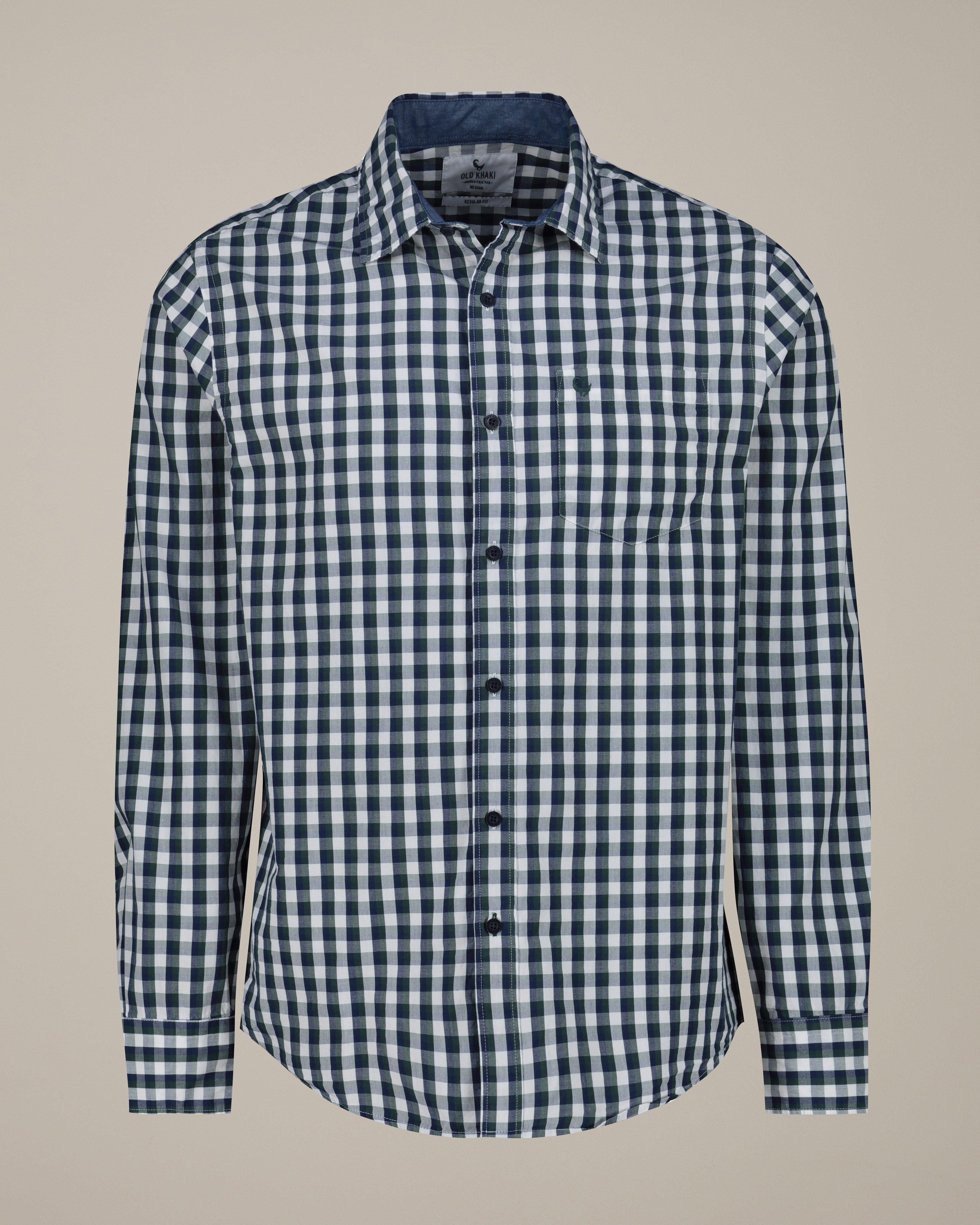 Old Khaki Men’s Archie Gingham Check Slim Fit Shirt  -  Bottle Green