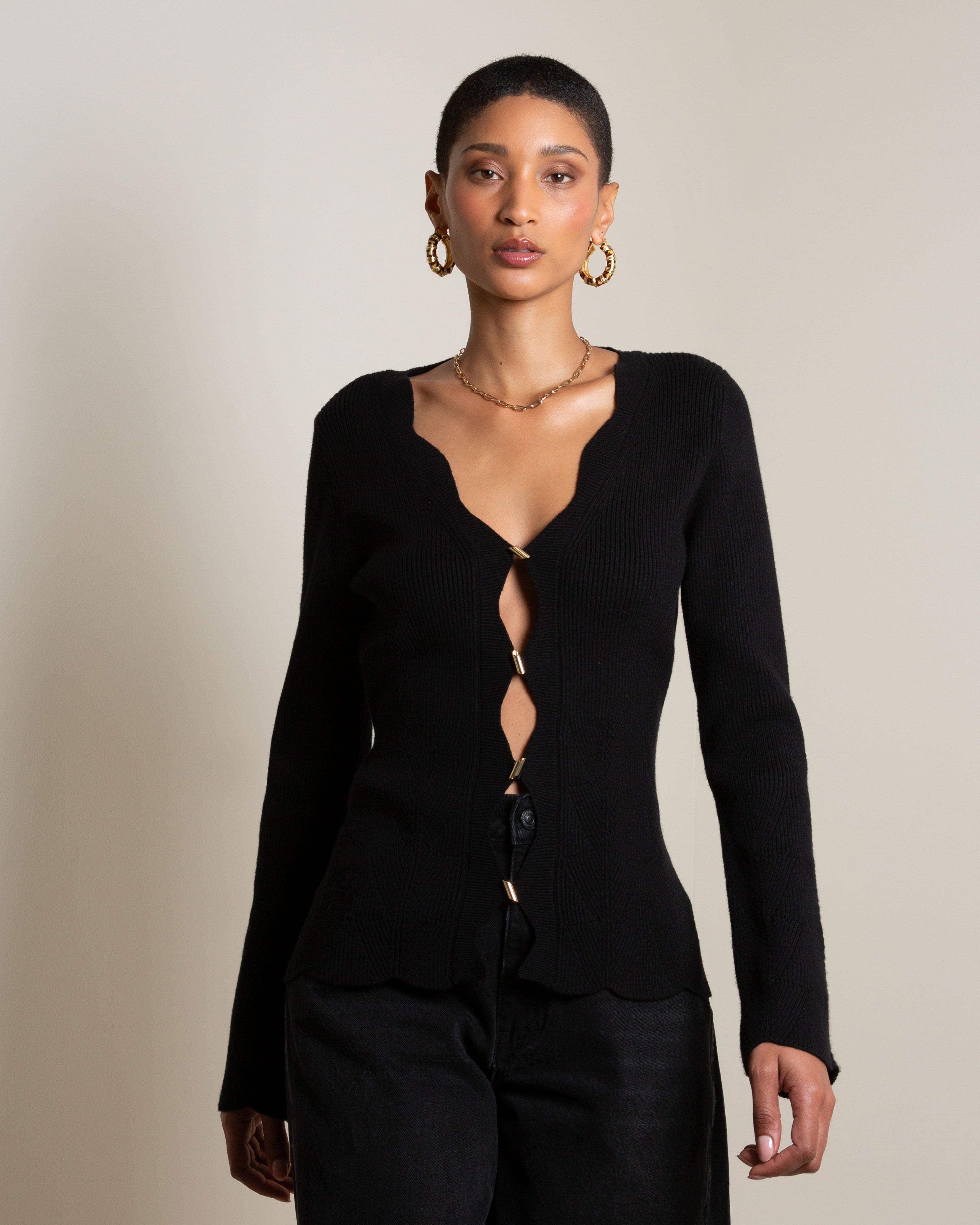 Paxtyn Scalloped Cardigan -  Black