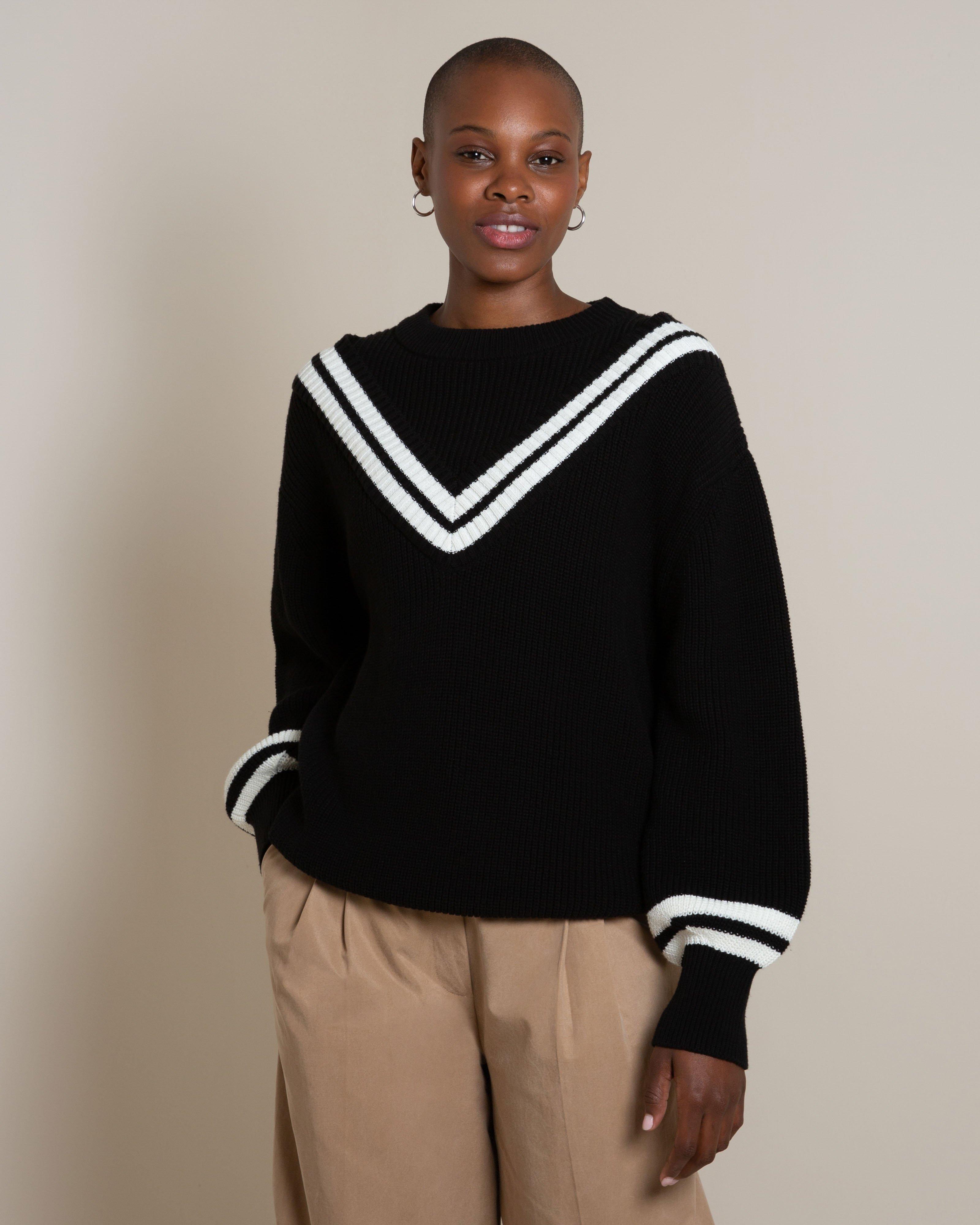 Adley Stripe V- Neck Jumper -  Black