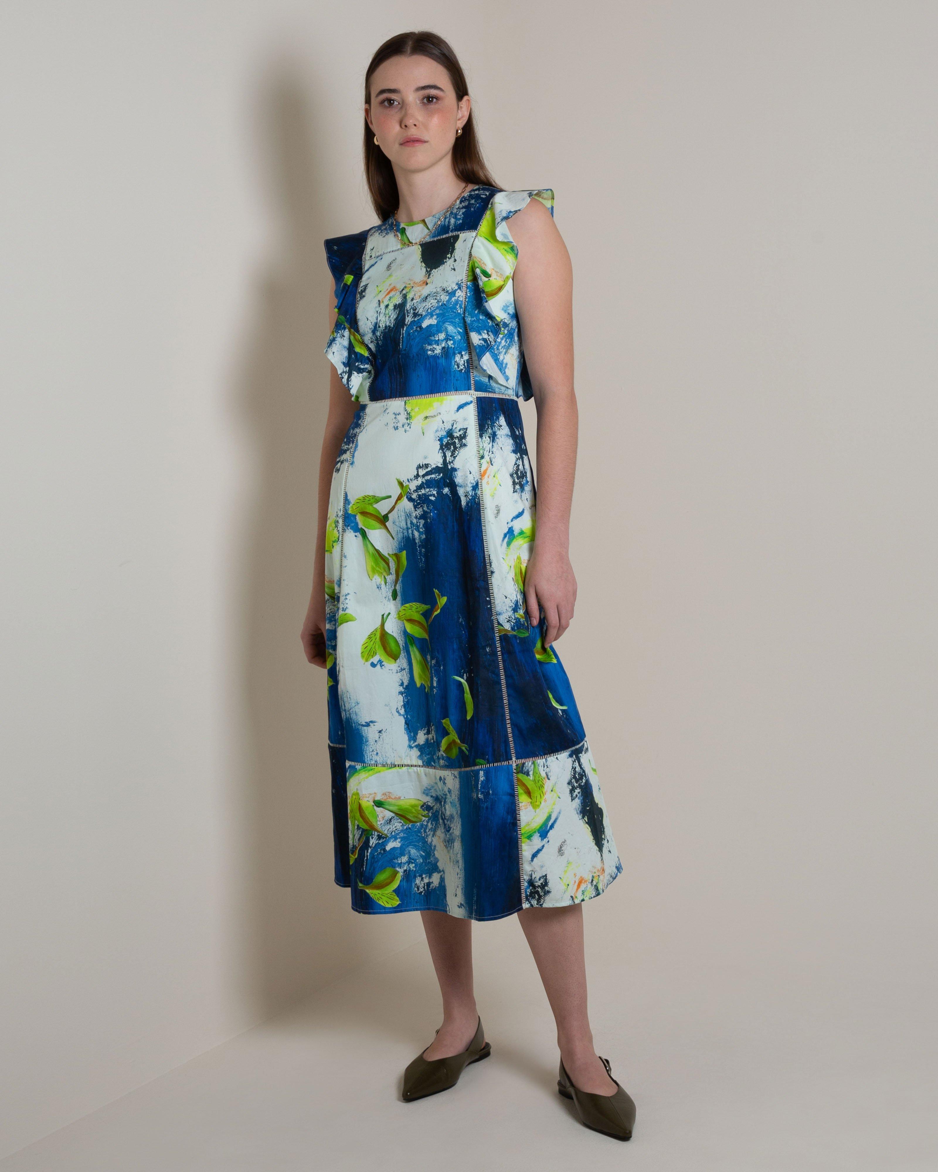Runa Printed Poplin Midi Dress -  Blue