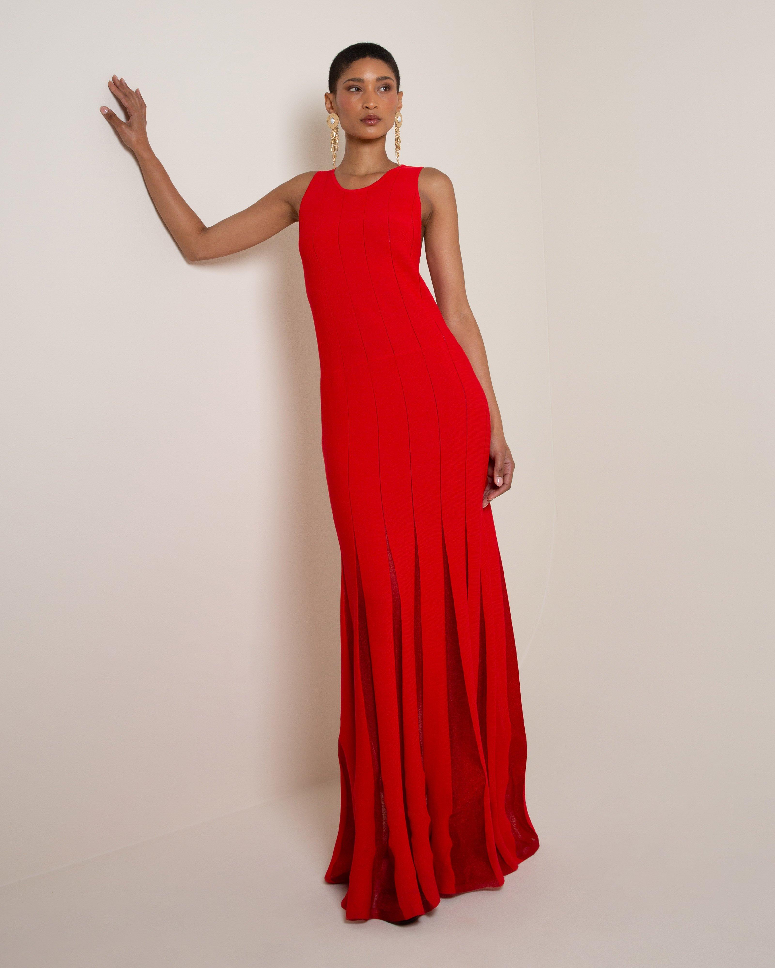 Kelli Knit Pleated Dress -  Red