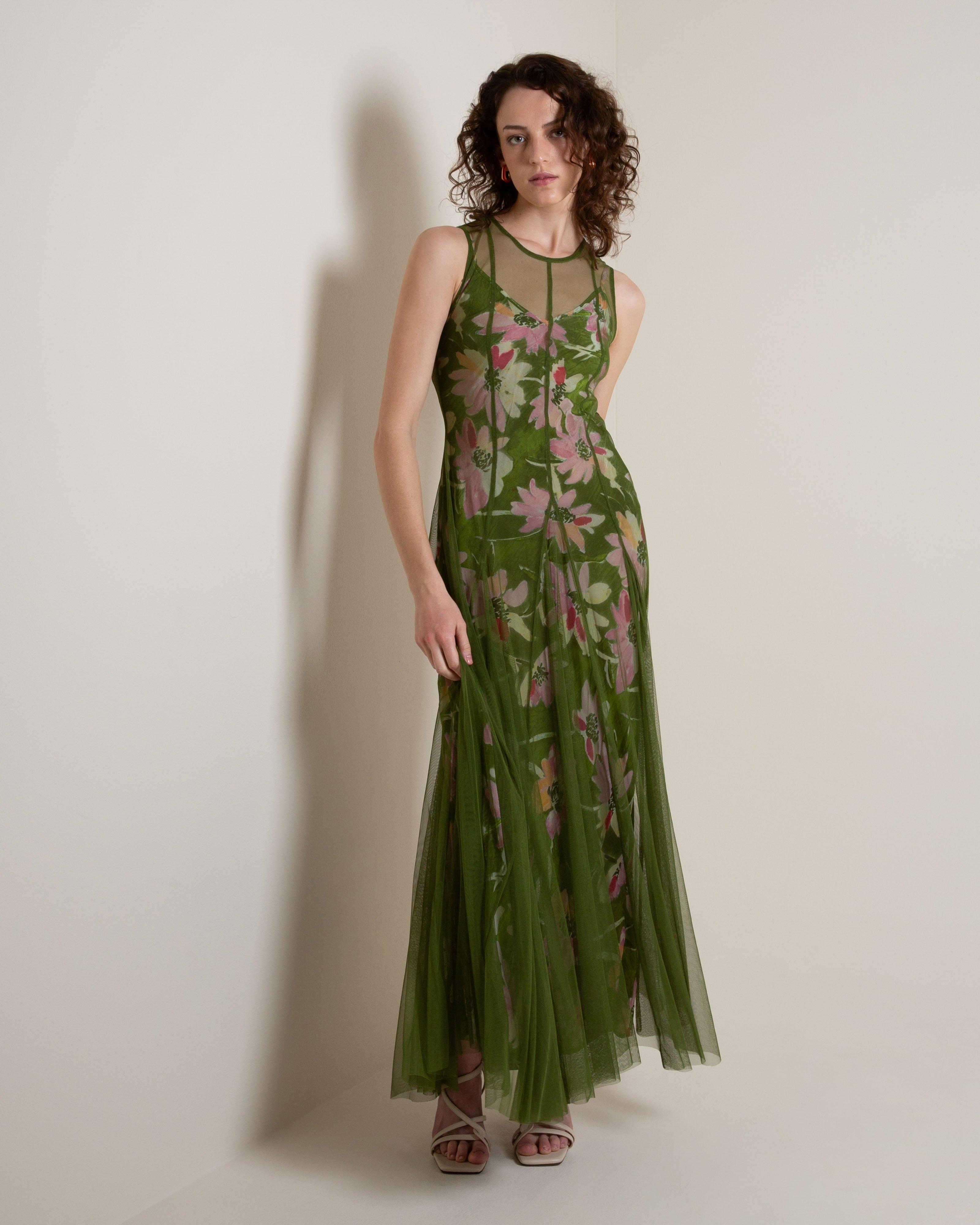 Milan Tulle Godet & Printed Evening Dress - Poetry Clothing Store