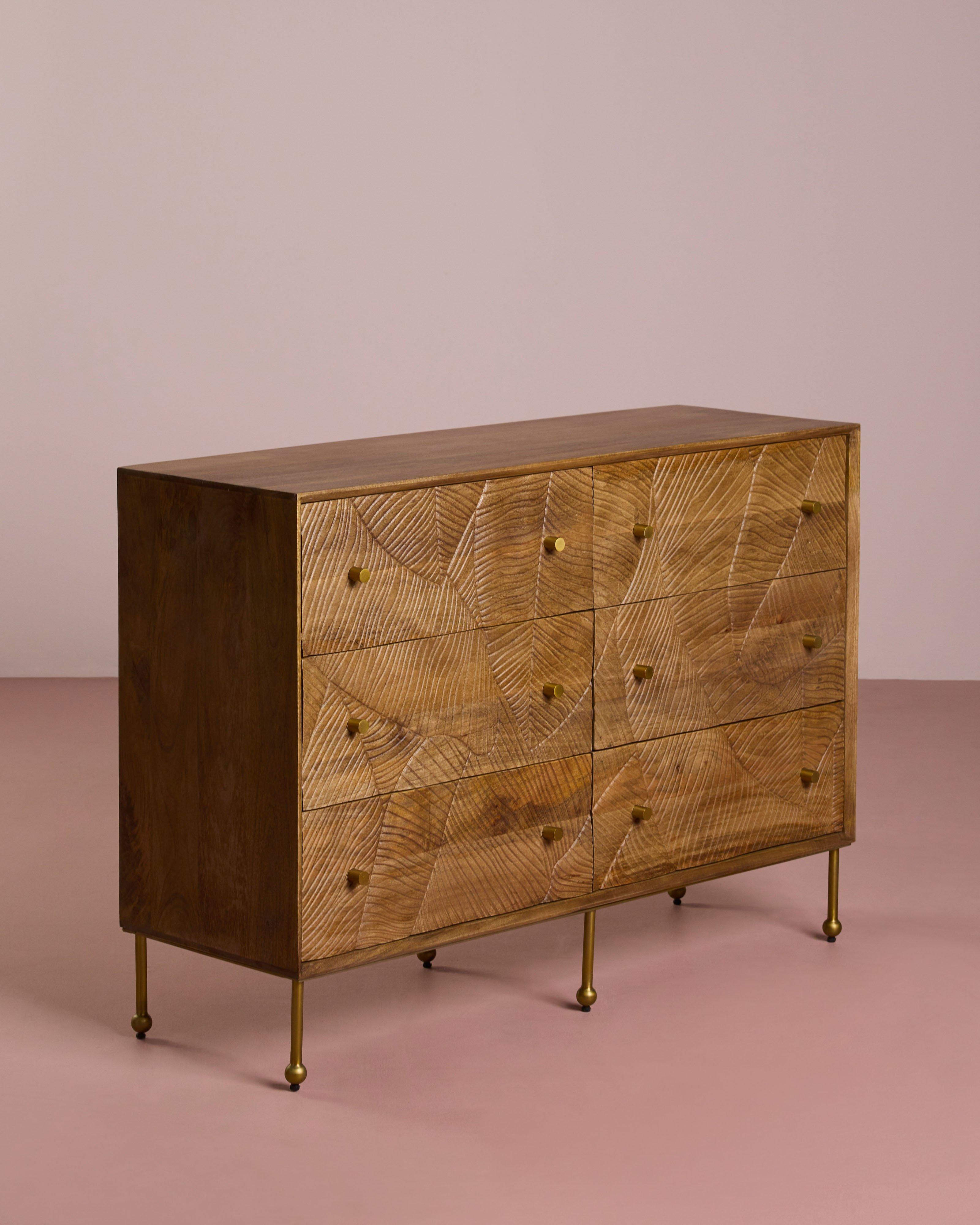 Rio Palm Tree Carved Six-Drawer Chest of Drawers -  Brown