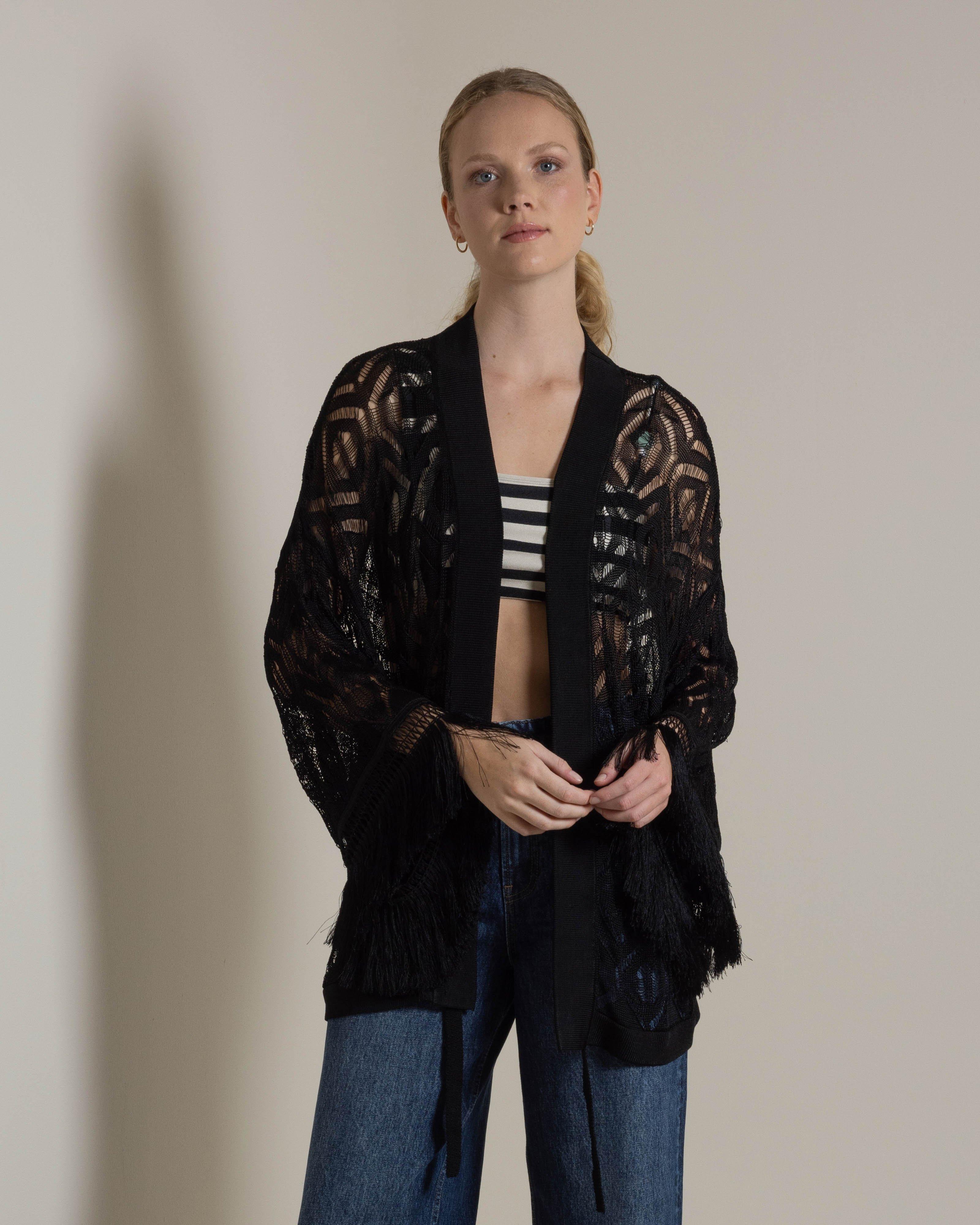 Hallie Knit Fringed Kimono -  Black