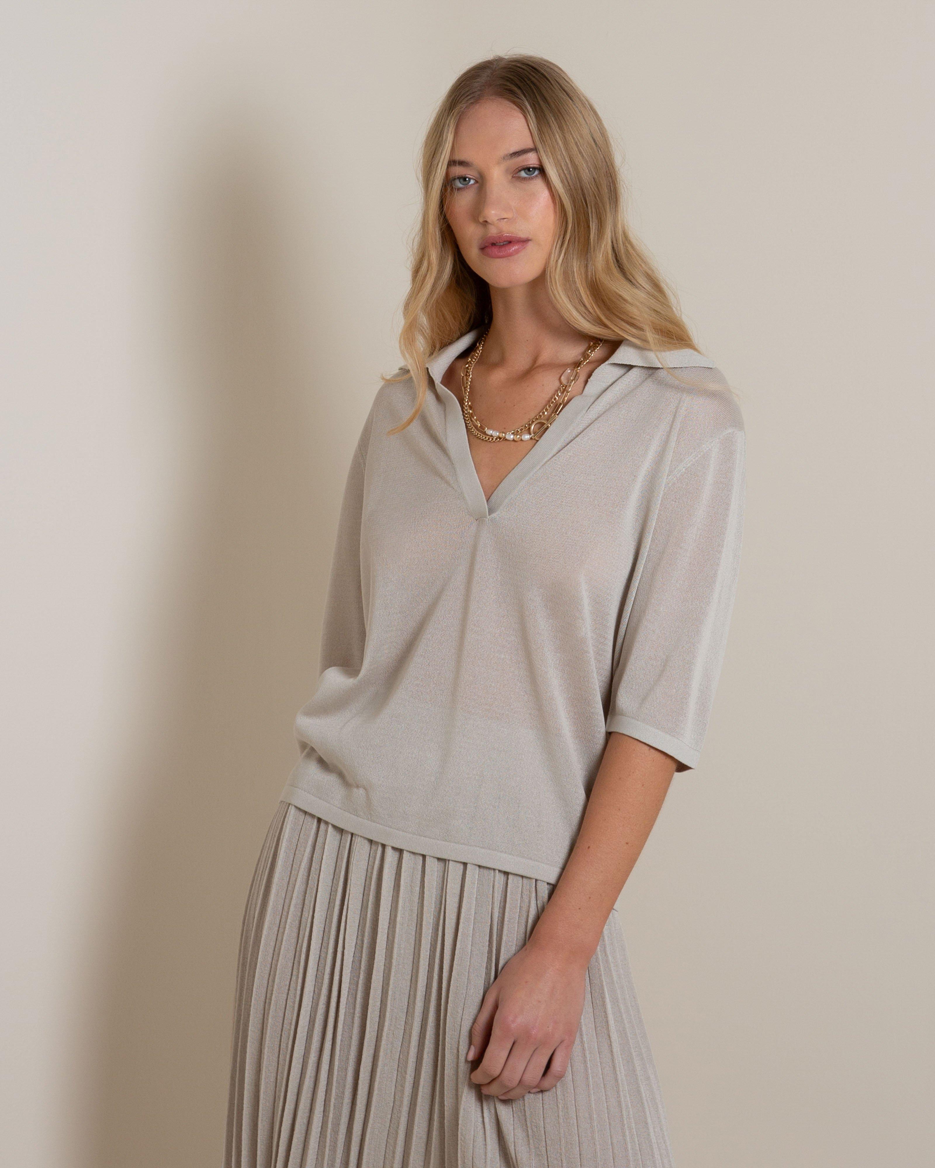 Yani Sheer Polo Knit Top -  Grey