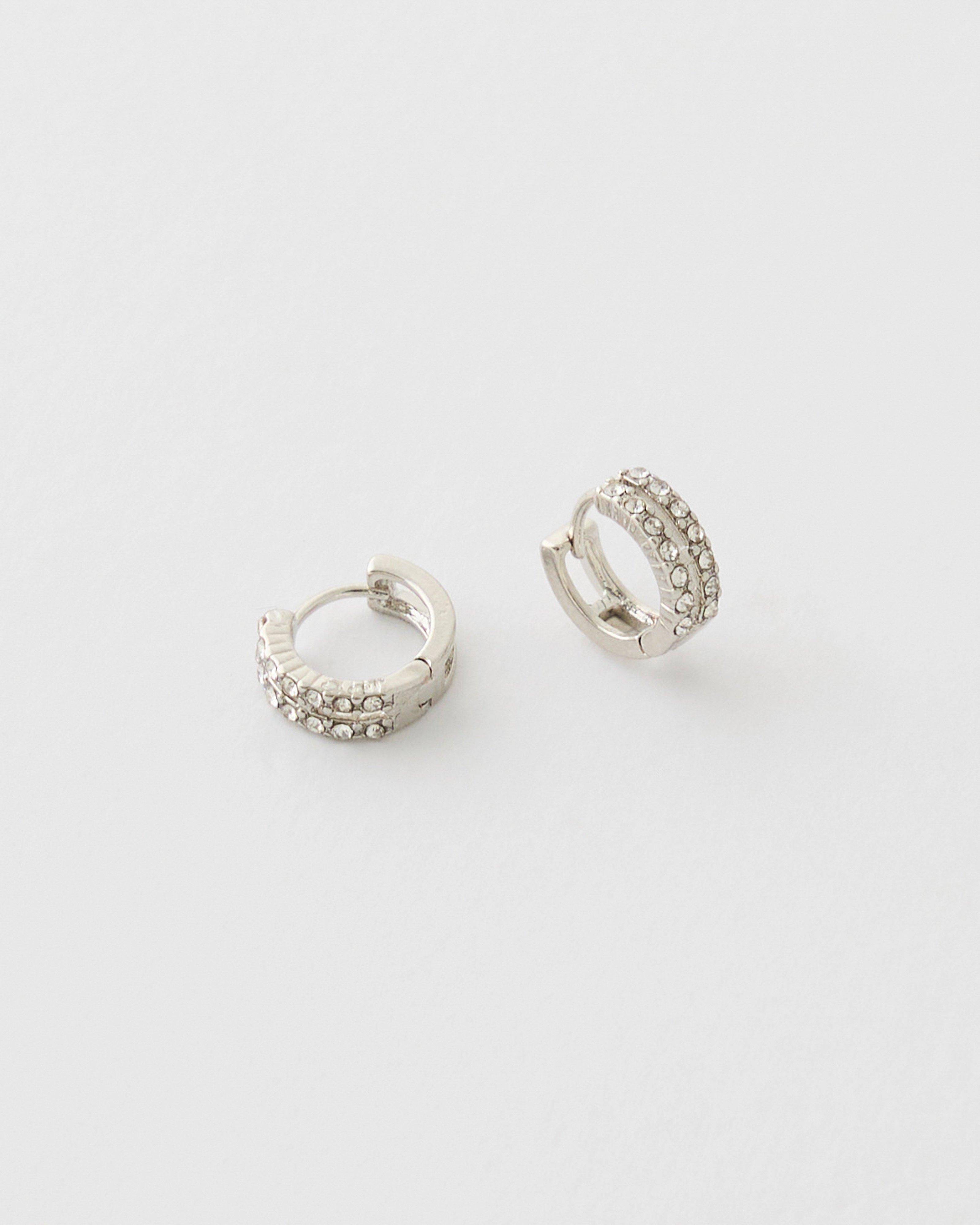 Double Row Crystal Huggie Earrings -  Silver