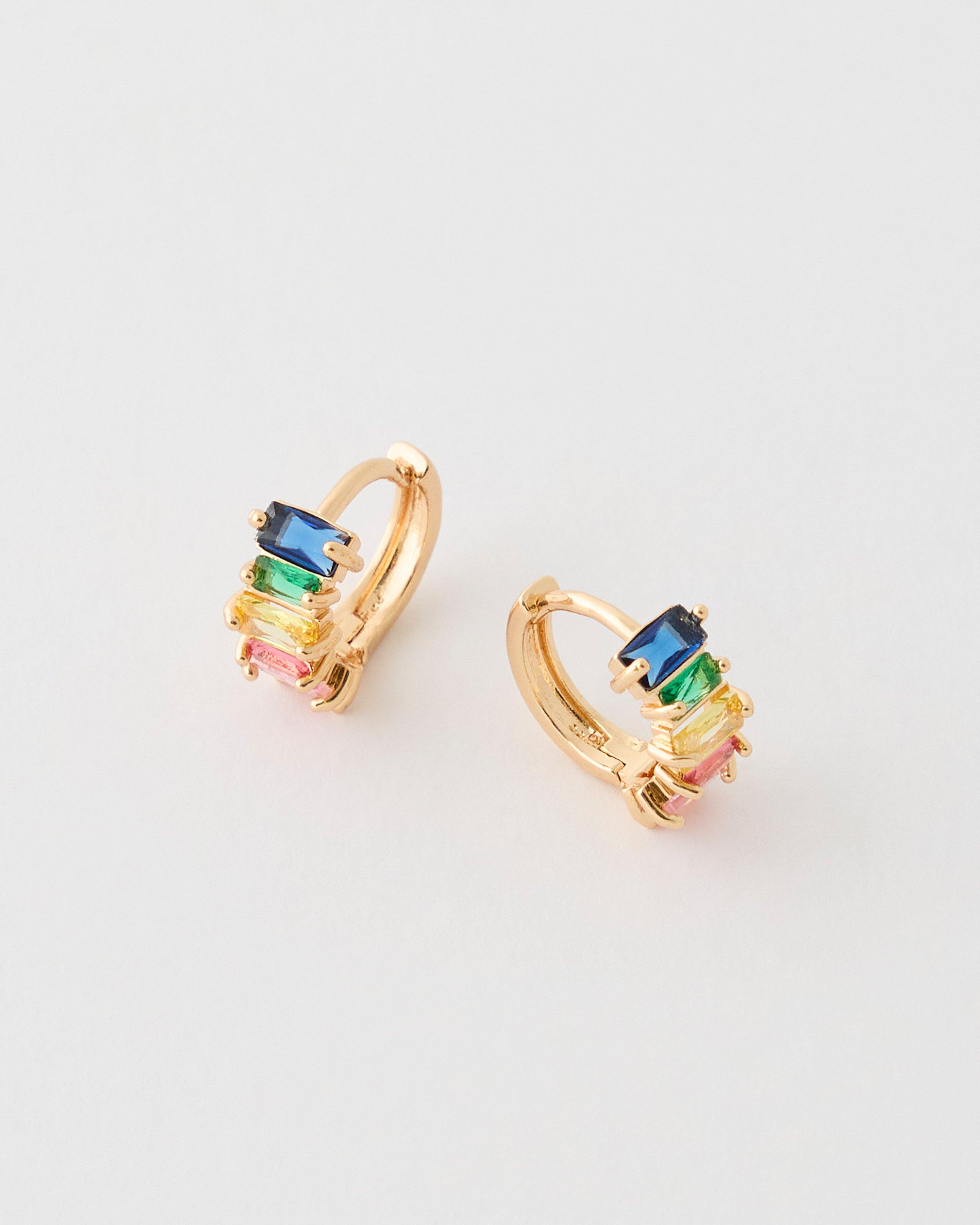 Baguette Multi-Colour Huggie Earrings -  Gold