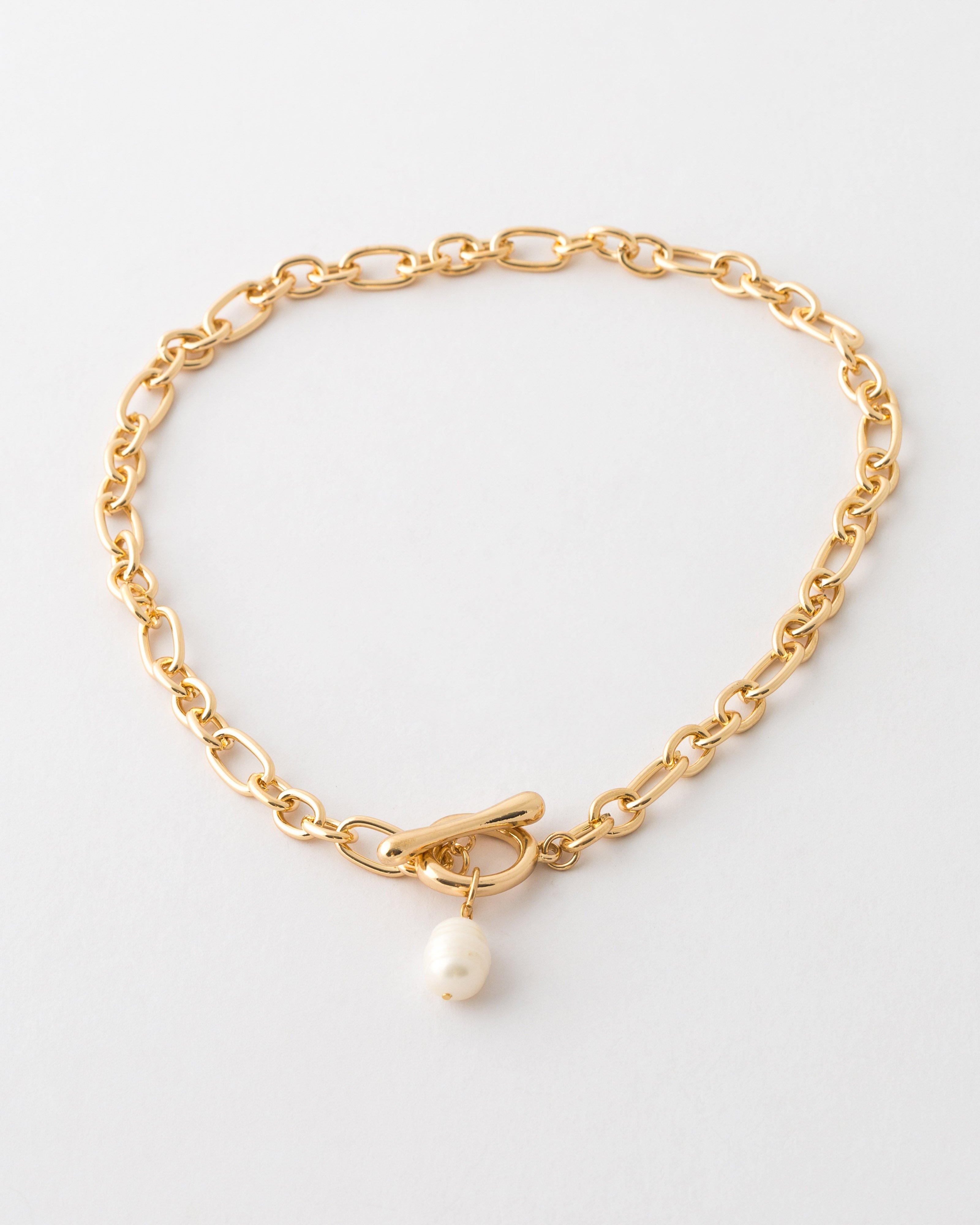 Chain Detail with Freshwater Pearl Pendant Necklace -  Gold