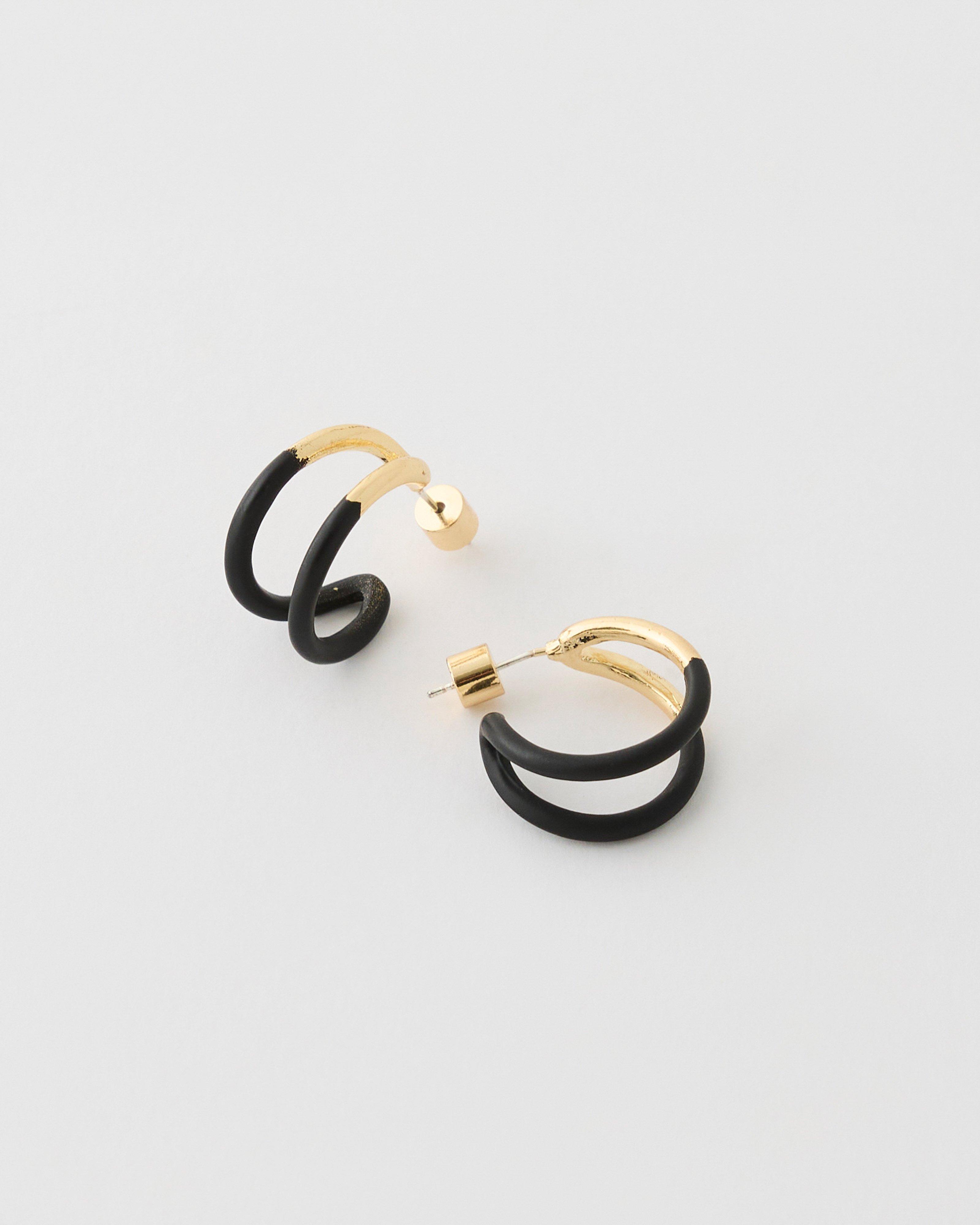 Double Row Hoop with Black Enamel Earrings -  Gold